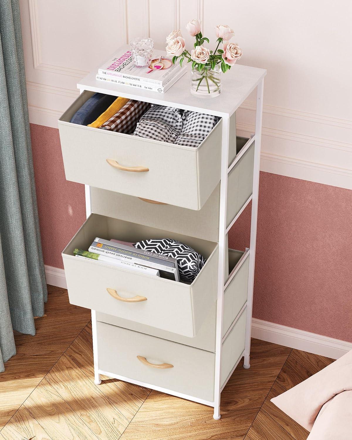 Beige Vertical 5-Drawer Fabric Dresser with Wood Handles