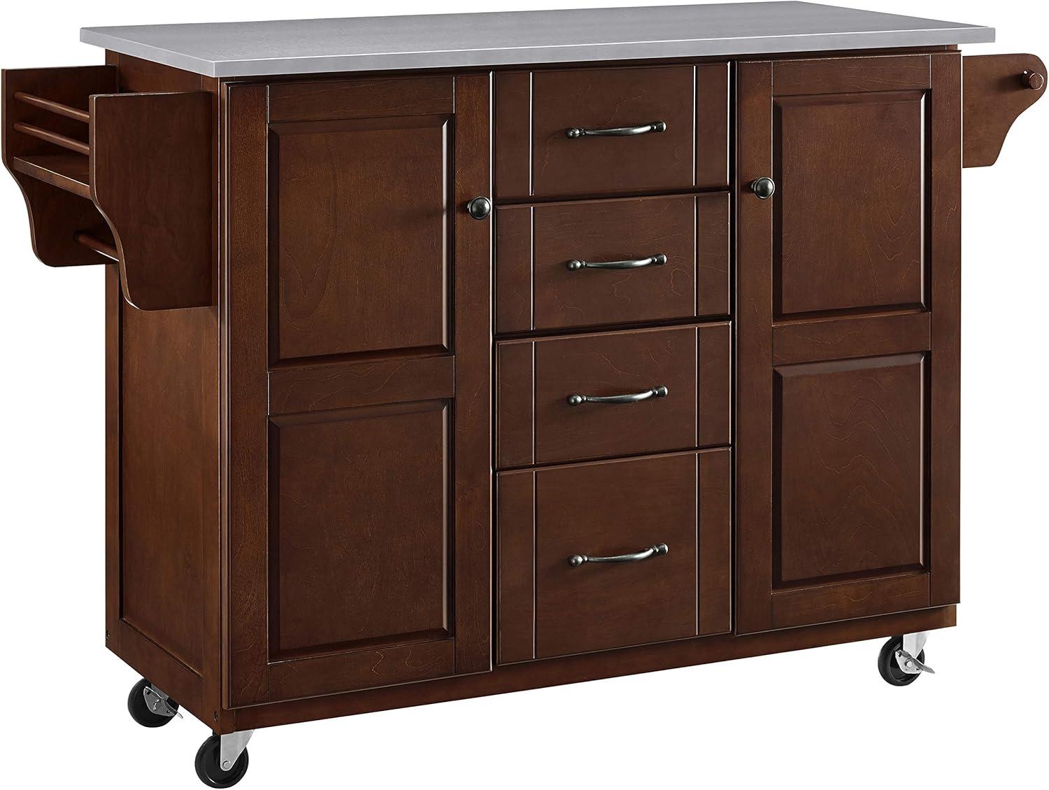 Eleanor Stainless Steel Top Kitchen Cart Mahogany/Stainless Steel - Crosley: 2 Cabinets, Spice Rack, 4 Drawers