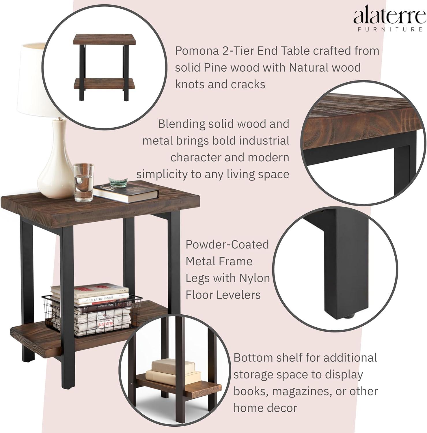 Pomona Solid Wood and Metal End Table with Shelf - Alaterre Furniture: Rustic Design, Fixed Shelf, Rectangle Shape