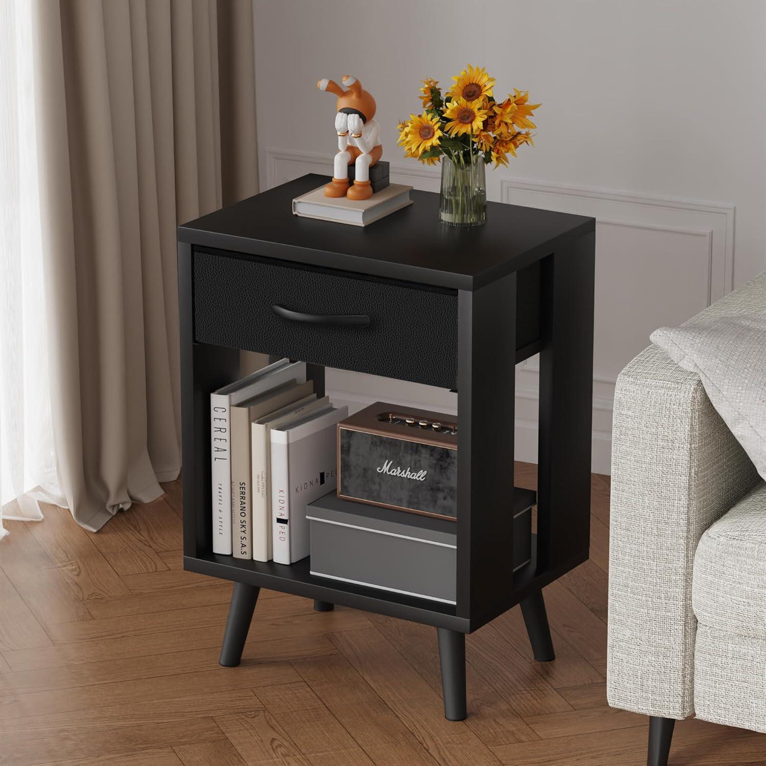 Nightstands Set Of 2 With Fabric Storage Drawer And Open Wood Shelf, Side Table With Storage For Bedroom, Bedside Tables - 23.7" H