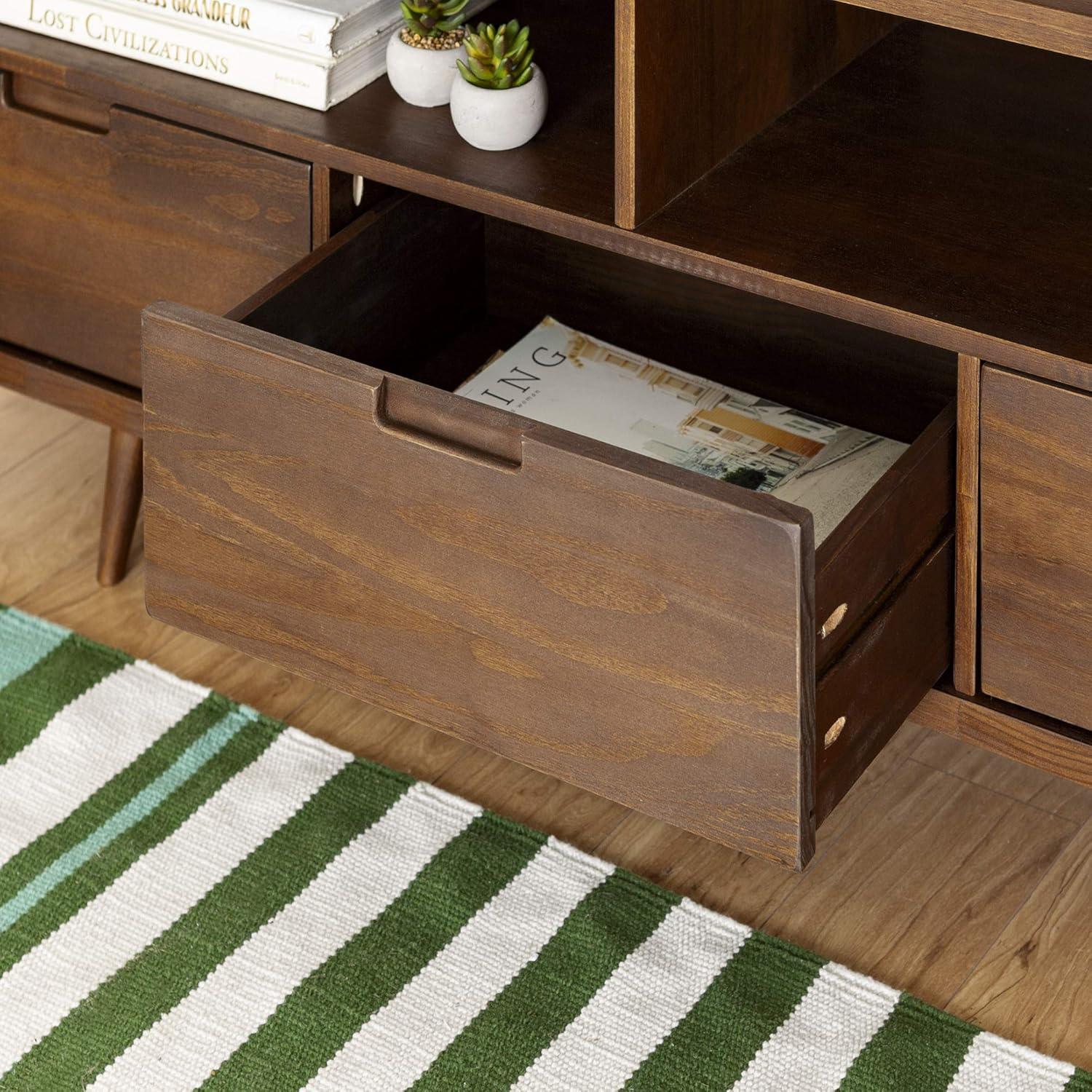 Mid-Century Modern 58" Walnut TV Stand with 3 Drawers and Open Shelves