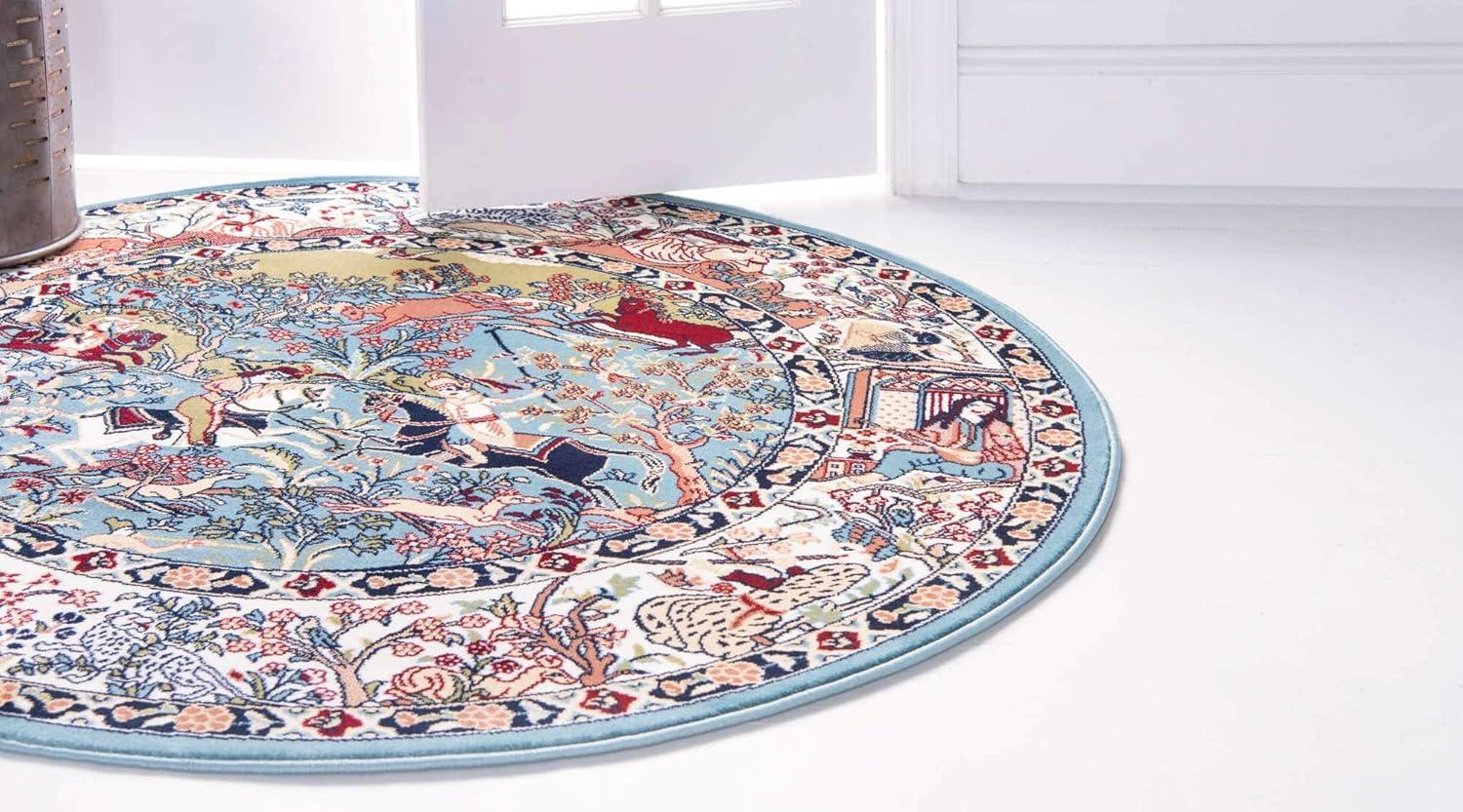 Elegant Blue Floral Round Synthetic Indoor Rug - 5' Diameter