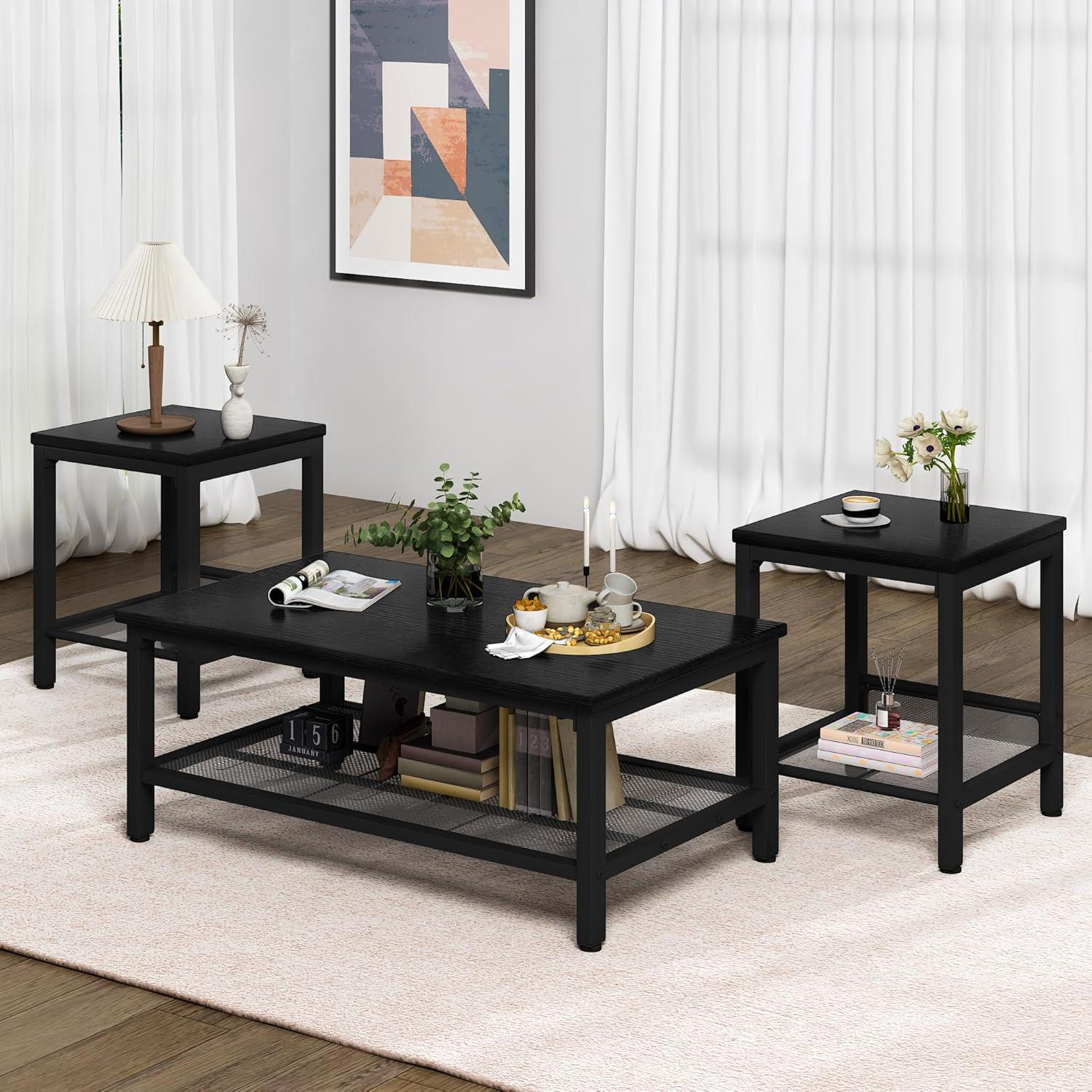 AWQM 3 Pieces Coffee Table Set, Industrial Coffee Table with 2 Square End Side Tables, Modern Living Room Table Set with Metal Frame for Apartment Home Office, Black