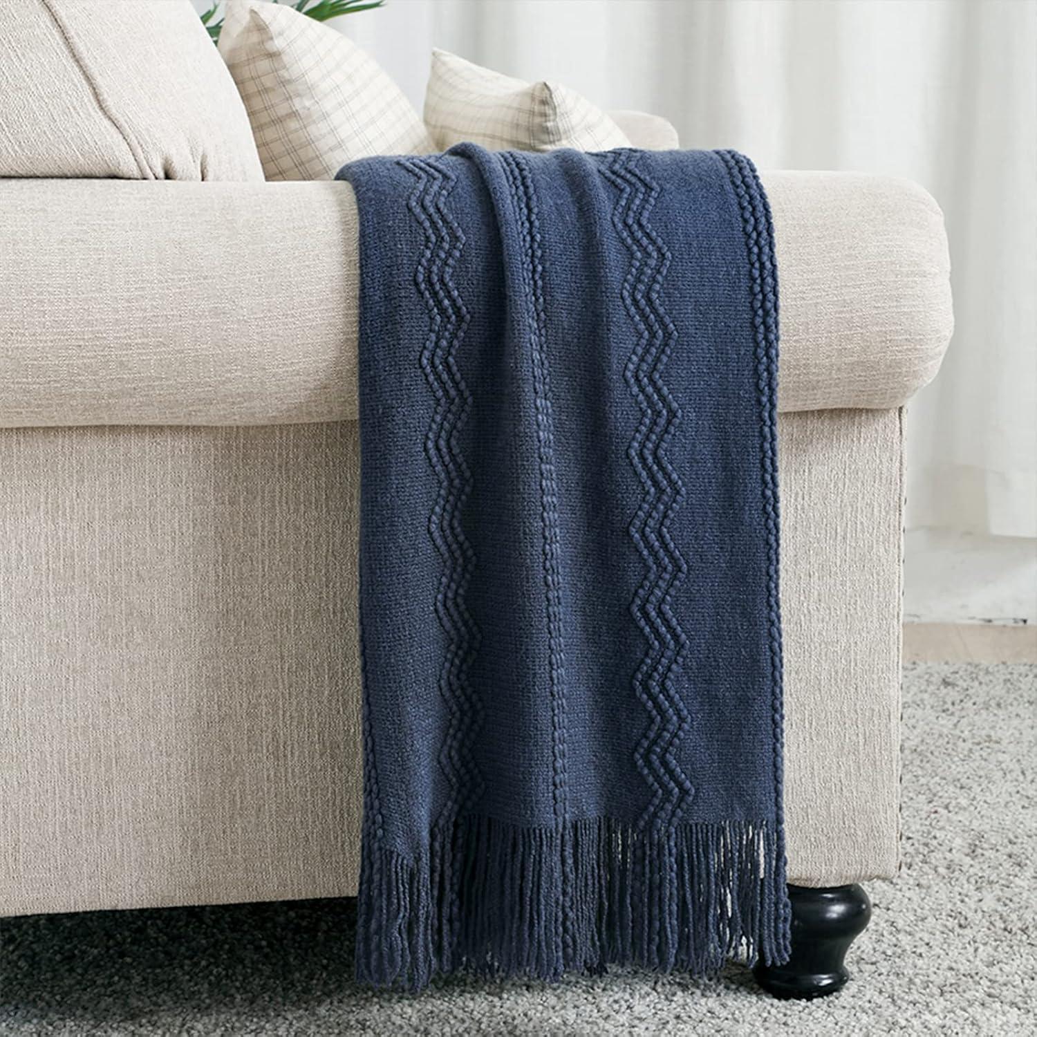 Battilo Navy Blue Throw Blanket for Couch Bed Chair, knit Throw Blanket With Fringe Decorative Sofa Blanket, Soft Lightweight Throws in Home, 50x60 inches