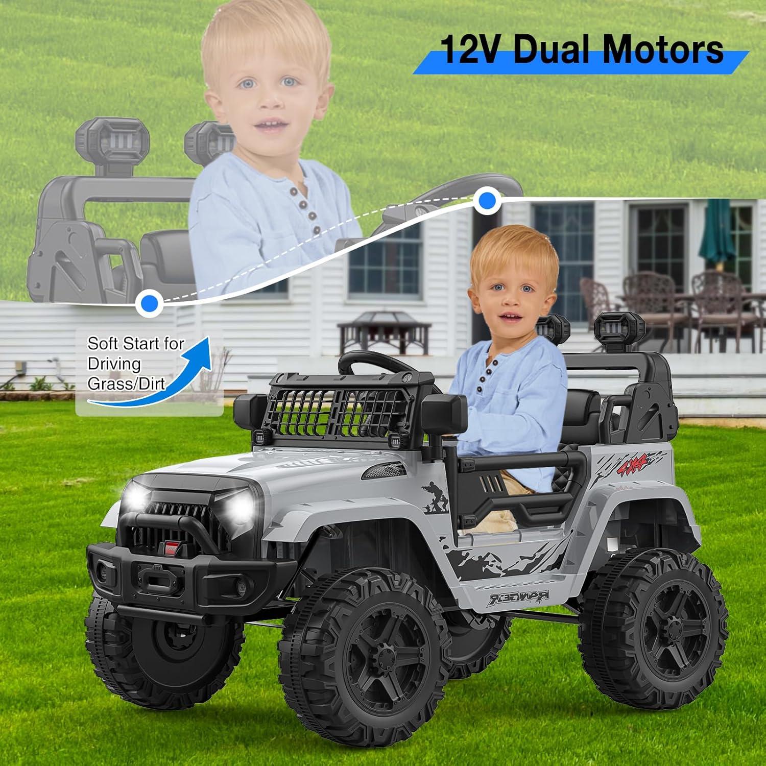Ride on Truck Car 12V Kids Electric Vehicles with Remote Control Spring Suspension, LED Lights, Bluetooth, 2 Speeds