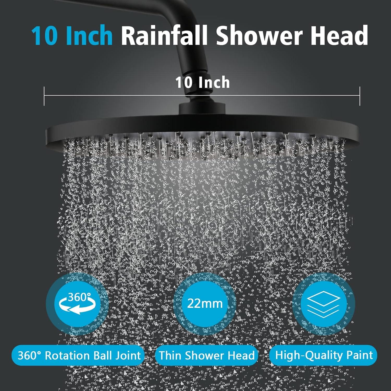 Matte Black 10-Inch Rainfall Shower Faucet Set with Brass Valve