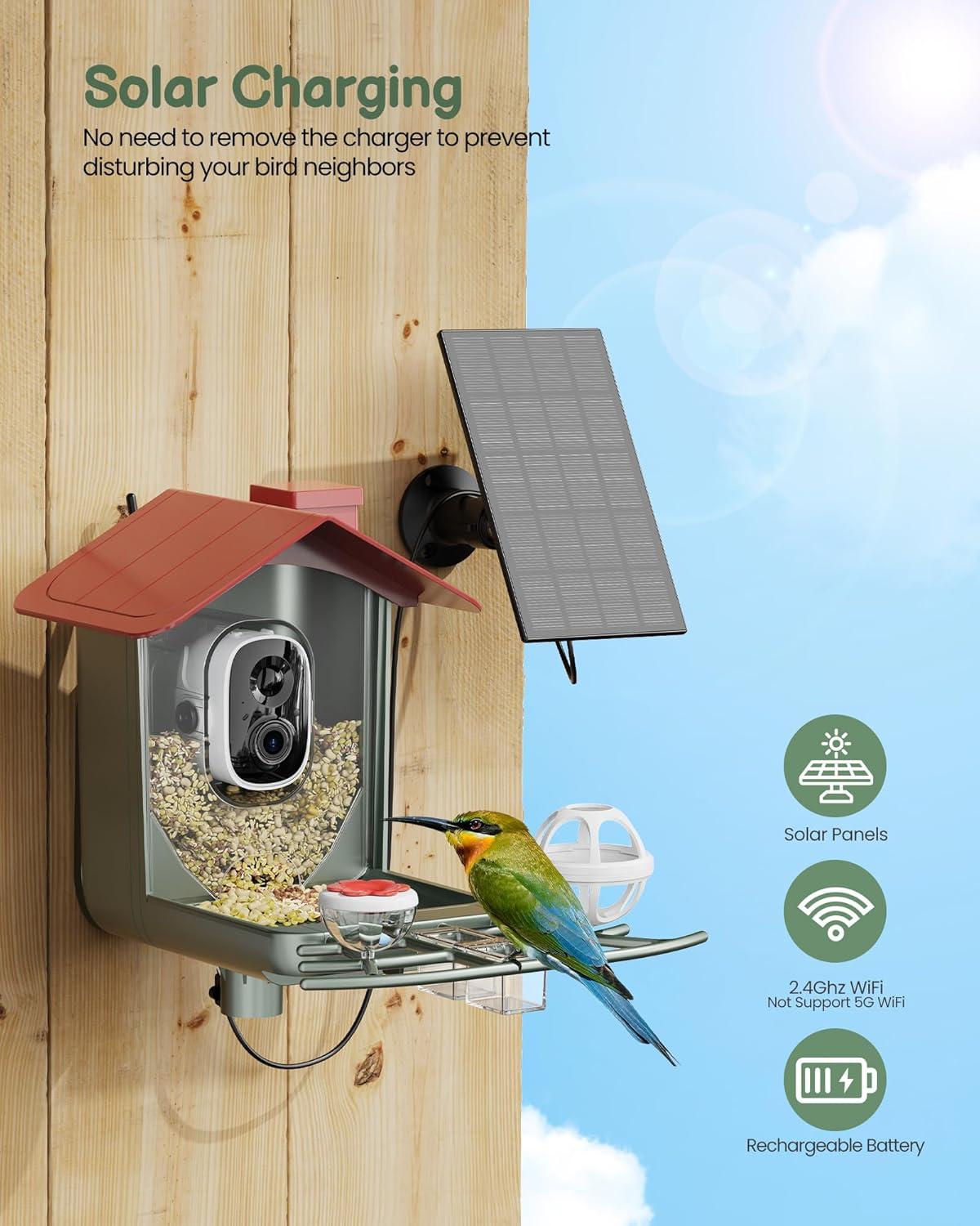 Solar-Powered Green and Red Bird Feeder with 2K HD Camera