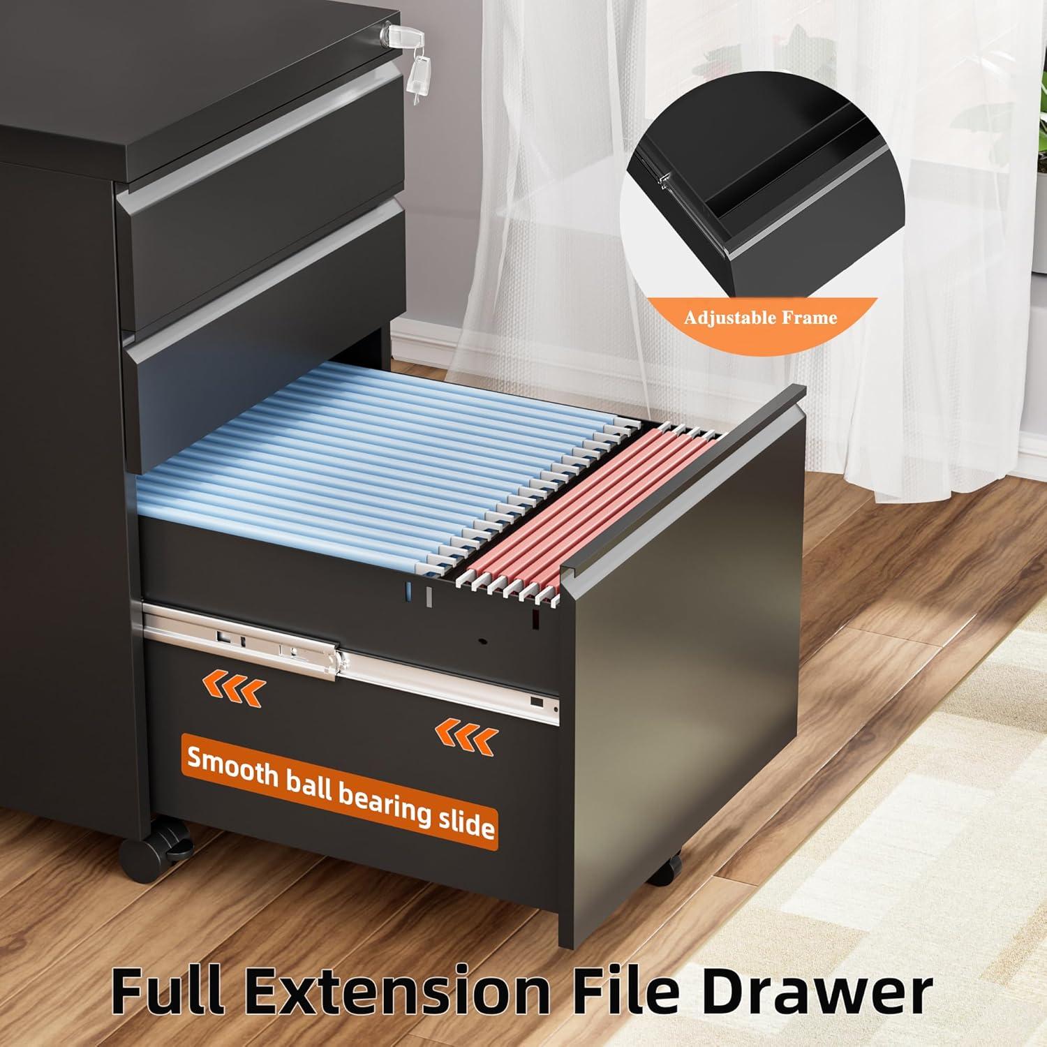 MIIIKO File Cabinet 3 Drawers on Wheels Under Desk, Black Metal Rolling File Cabinets with Lock for Home Office, Un-Assembled Filing Cabinet with Lock