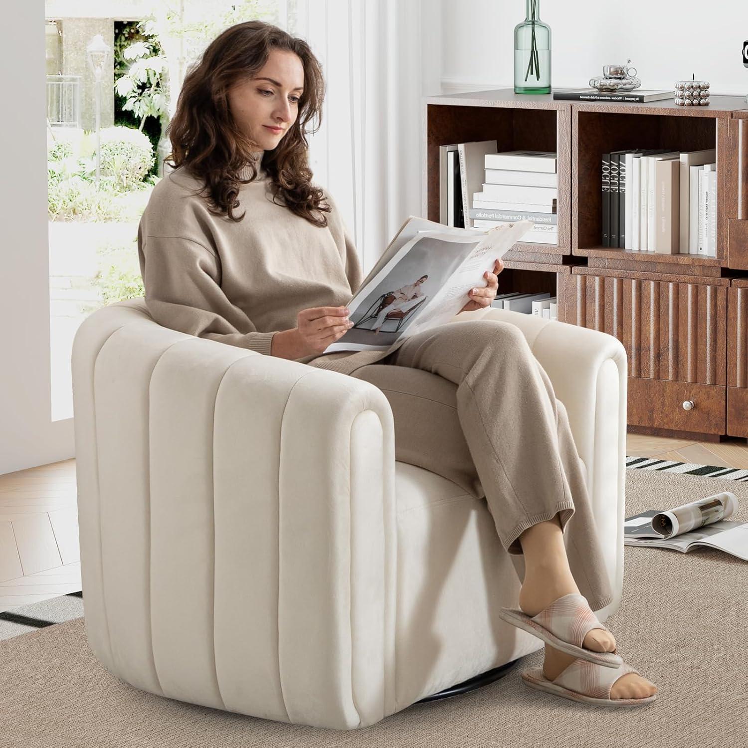 Beige Velvet Swivel Barrel Armchair with Metal Base