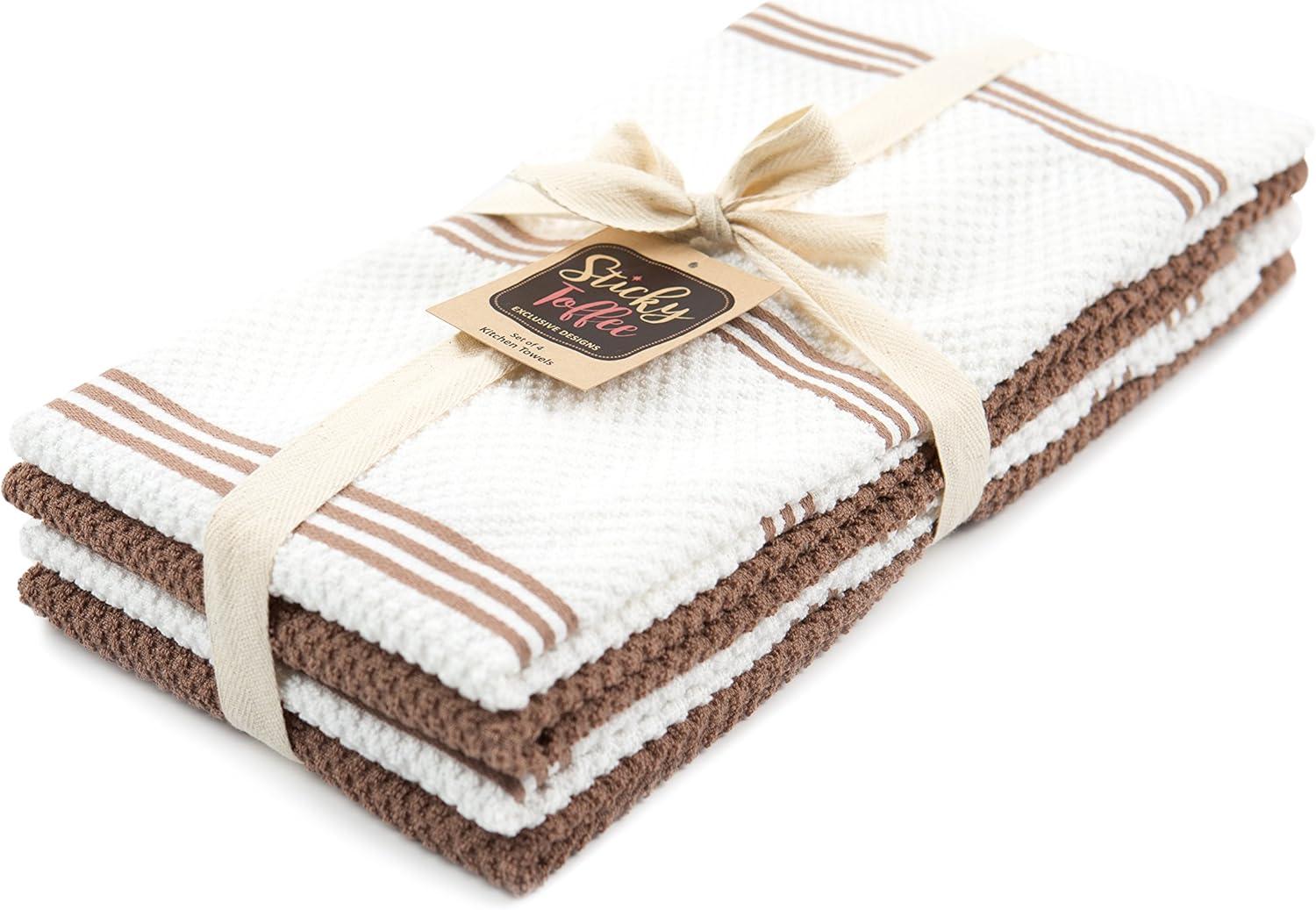 Sticky Toffee Kitchen Towels Dish Towels 100% Cotton, Set of 4, Brown and White Hand Towels, Tea Towels, Reusable Absorbent Cleaning Cloths, 28 in x 16 in