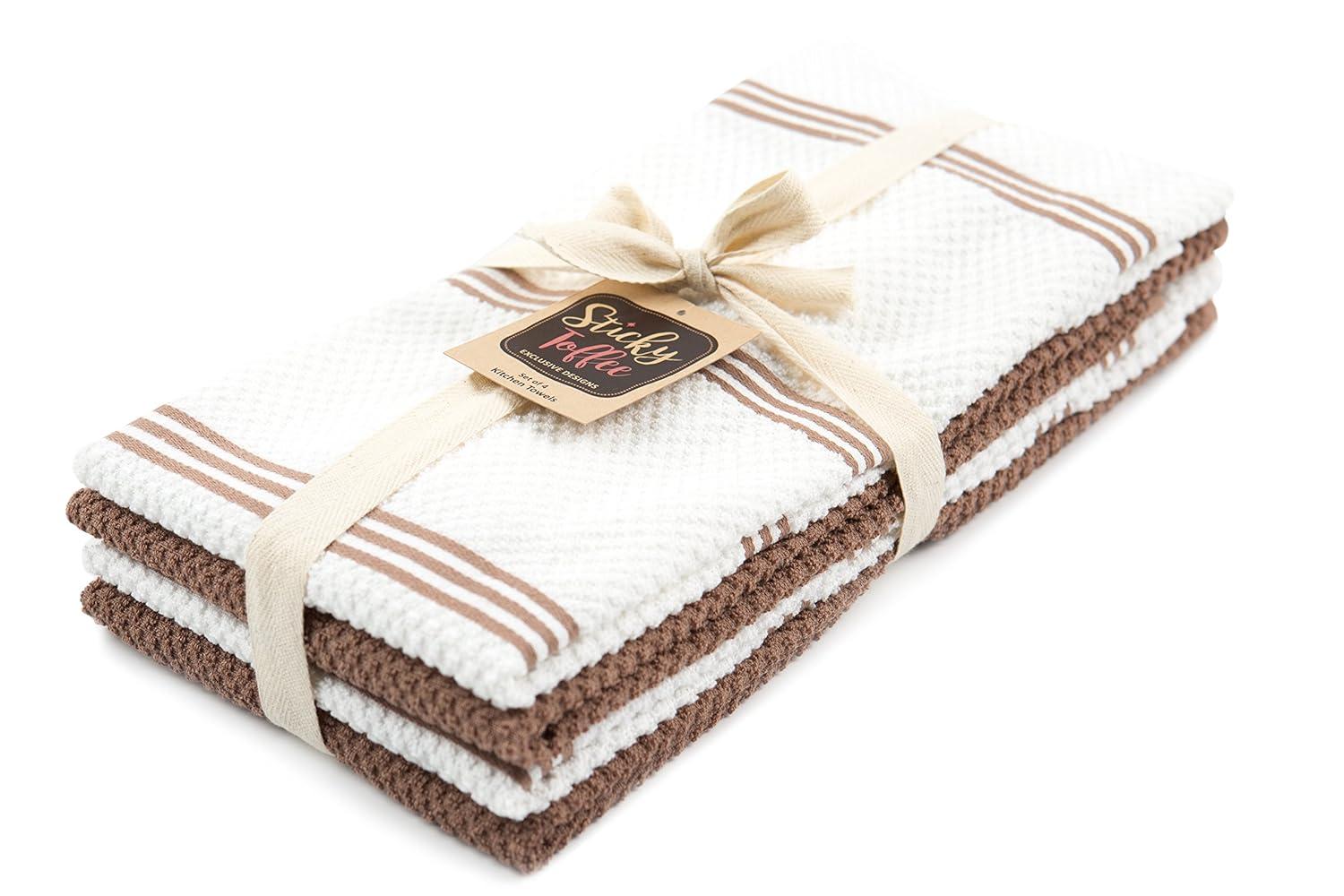 Sticky Toffee Kitchen Towels Dish Towels 100% Cotton, Set of 4, Brown and White Hand Towels, Tea Towels, Reusable Absorbent Cleaning Cloths, 28 in x 16 in