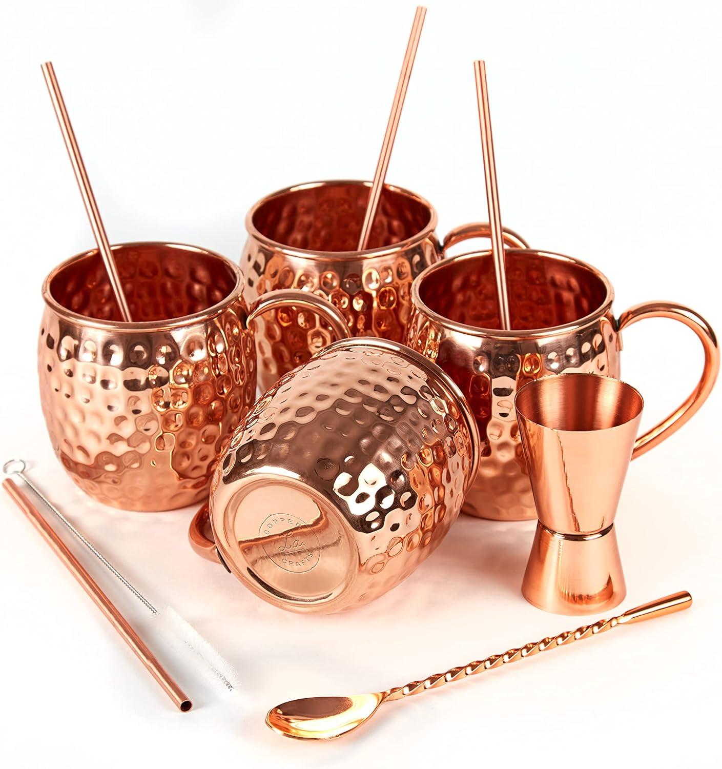 Handcrafted Copper Moscow Mule Mug Set with Straws and Jigger