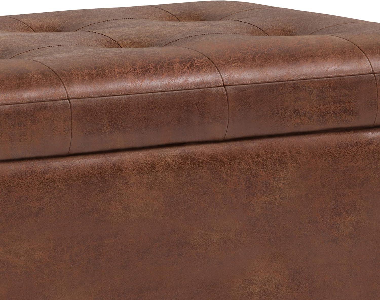 Simpli Home Cosmopolitan Storage Ottoman In Distressed Saddle Brown Vegan Faux Leather