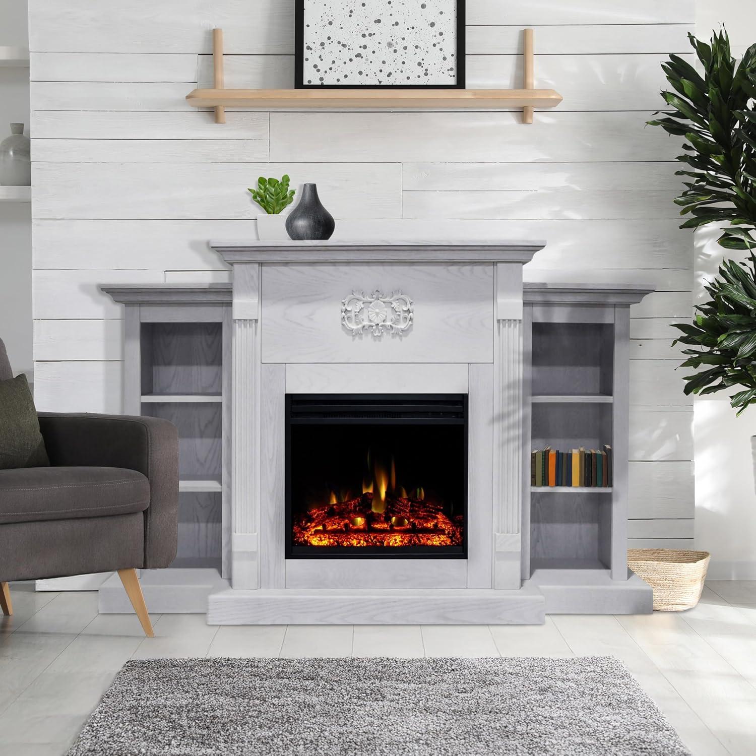 Cambridge Sanoma 72'' Electric Fireplace with Enhanced Charred Log Insert | Multi-Color Flame | For Rooms up to 210 Sq.Ft | Remote | Slate Blue Mantel | Adjustable Heat Settings