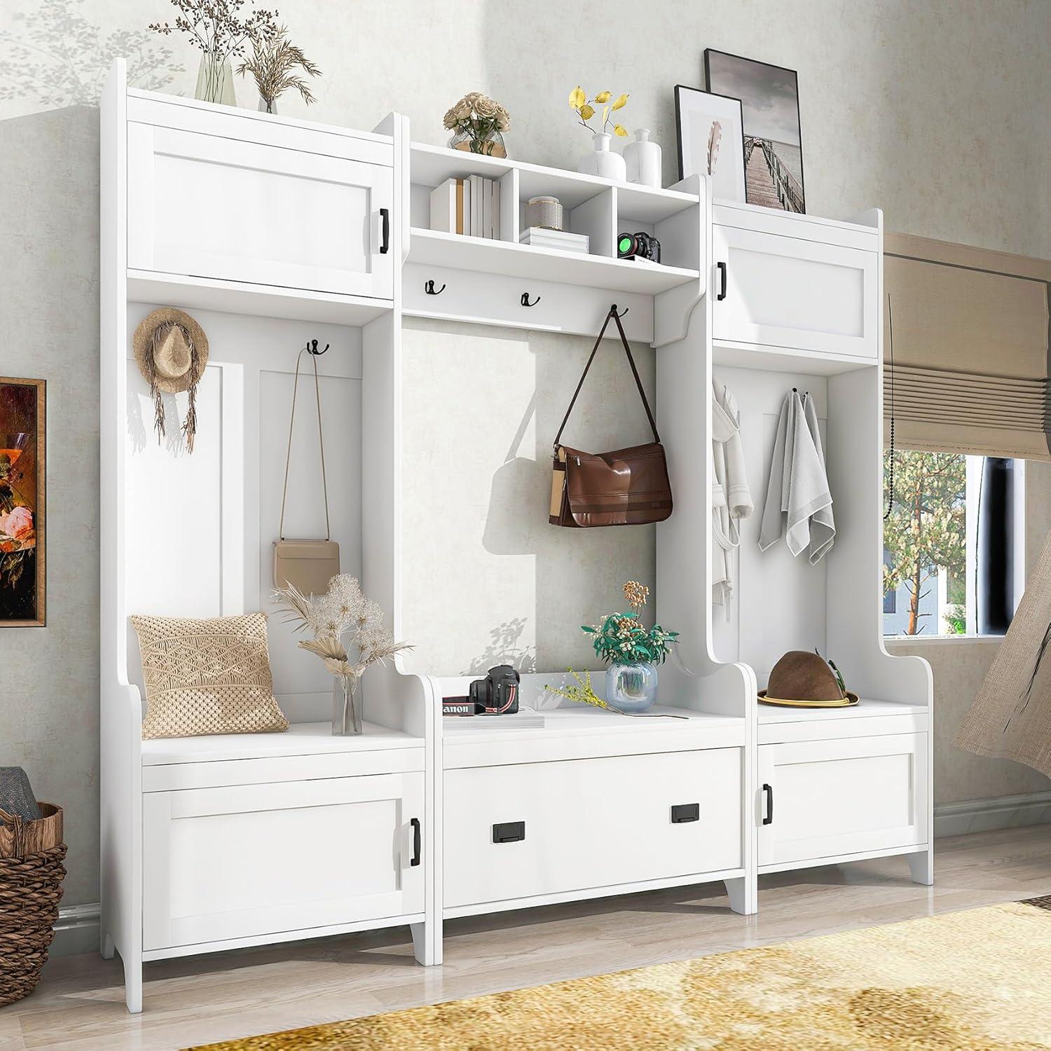 White 4-in-1 Hall Tree with Bench and Storage Cabinets