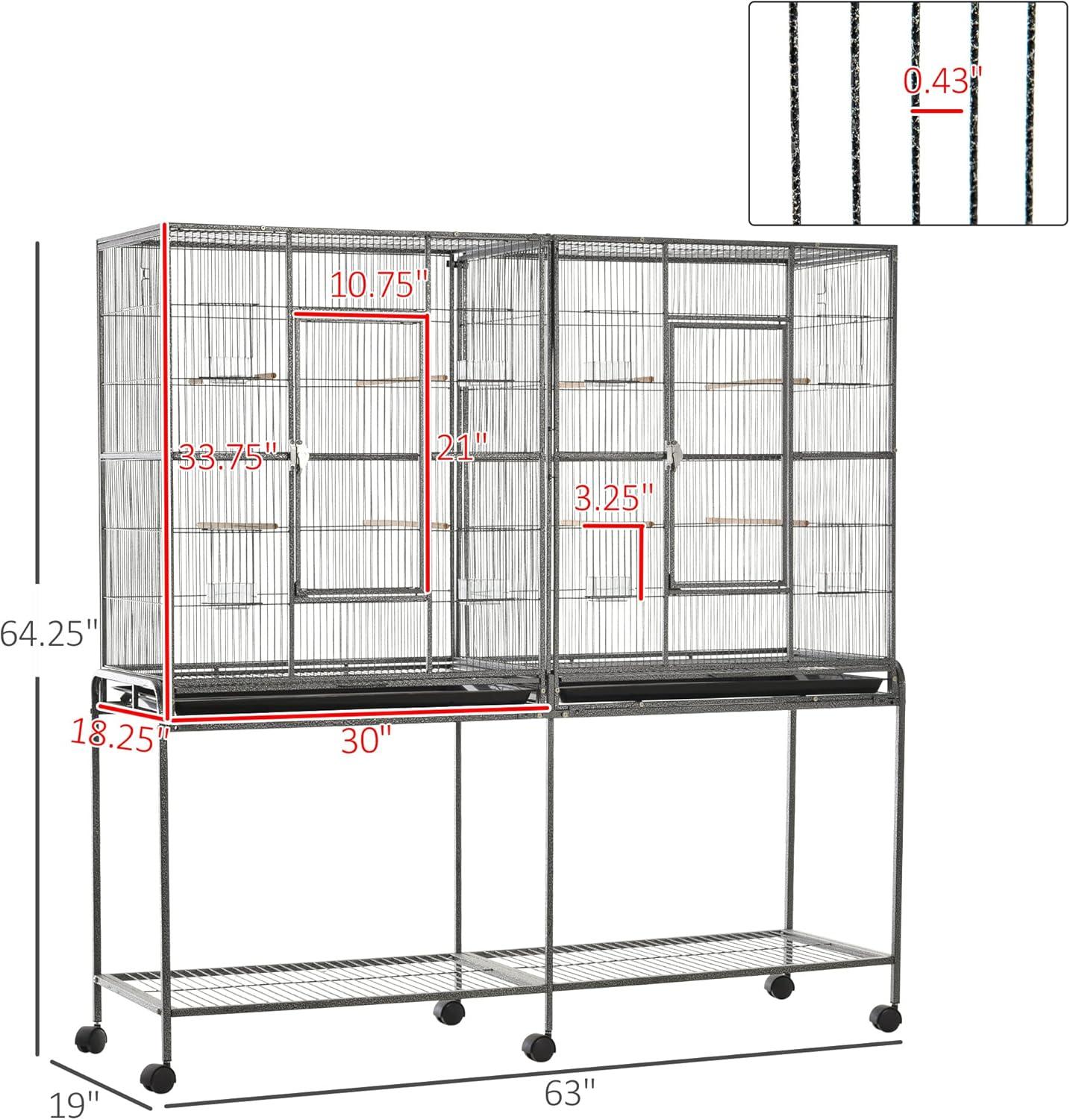 Pawhut 65" Double Rolling Metal Bird Cage Feeder With Detachable Rolling Stand, Storage Shelf, Wood Perch & Food Container