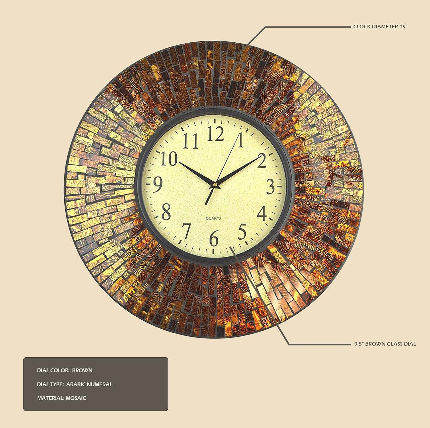 LuLu Decor, 19" Baltic Amber Mosaic Wall Clock with 9.5" Brown Arabic Glass Dial, 4.50" Mosaic Border, Silent Non-ticking Quartz, Perfect for Housewarming Gift