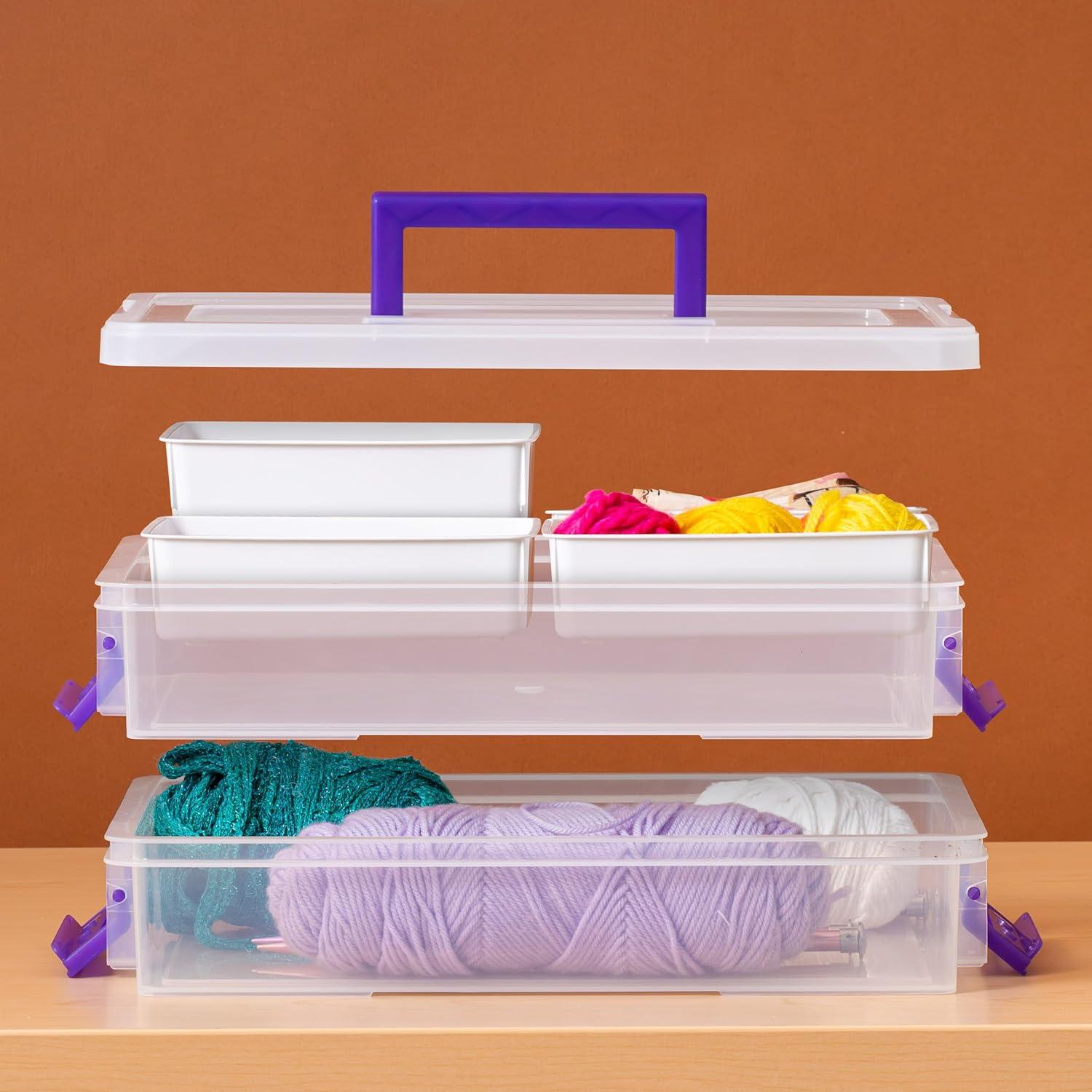 IRIS USA 9.4 Qt 2 Layer Stack and Carry Storage Containers with Bulked-Up Lid and 4 Removable Dividers, Clear/Violet