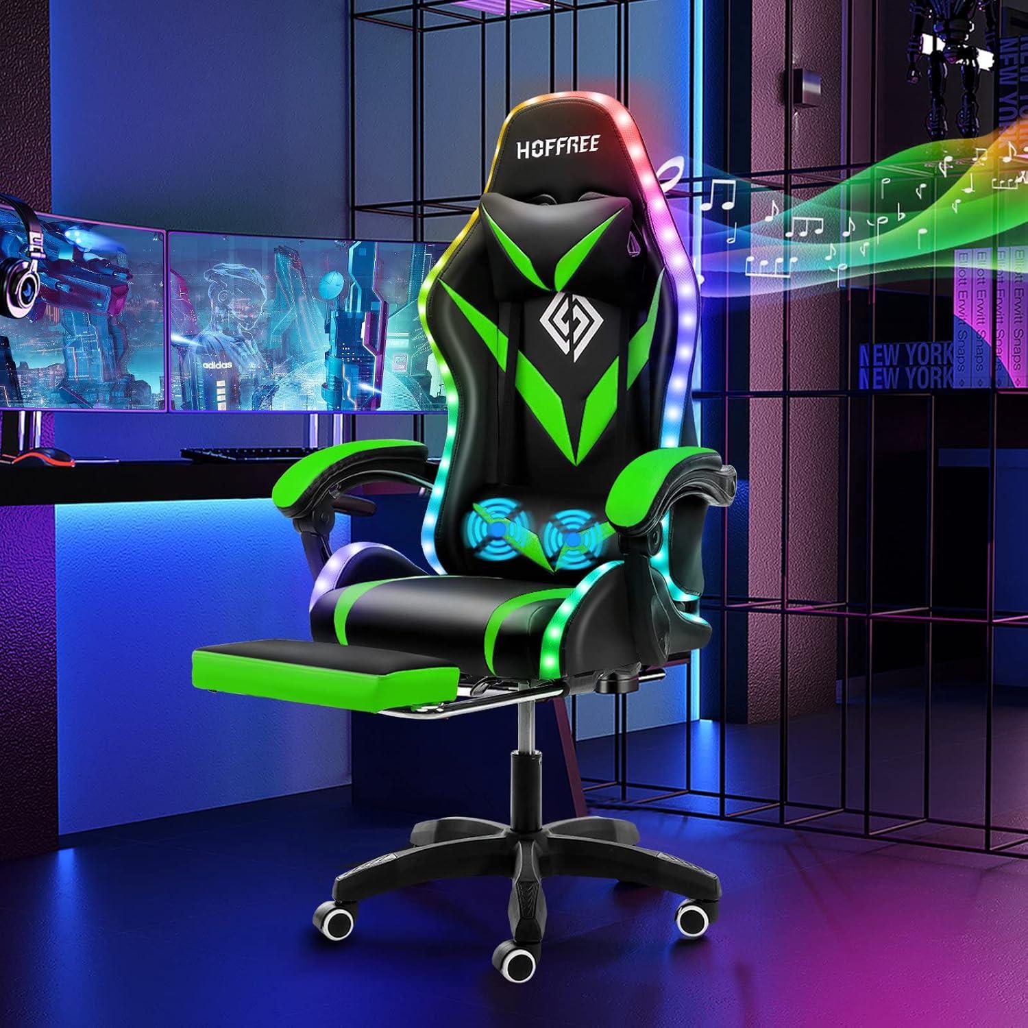 Hoffree Hoffree Massage Ergonomic Gaming Chair with Bluetooth Speakers and RGB LED Lights