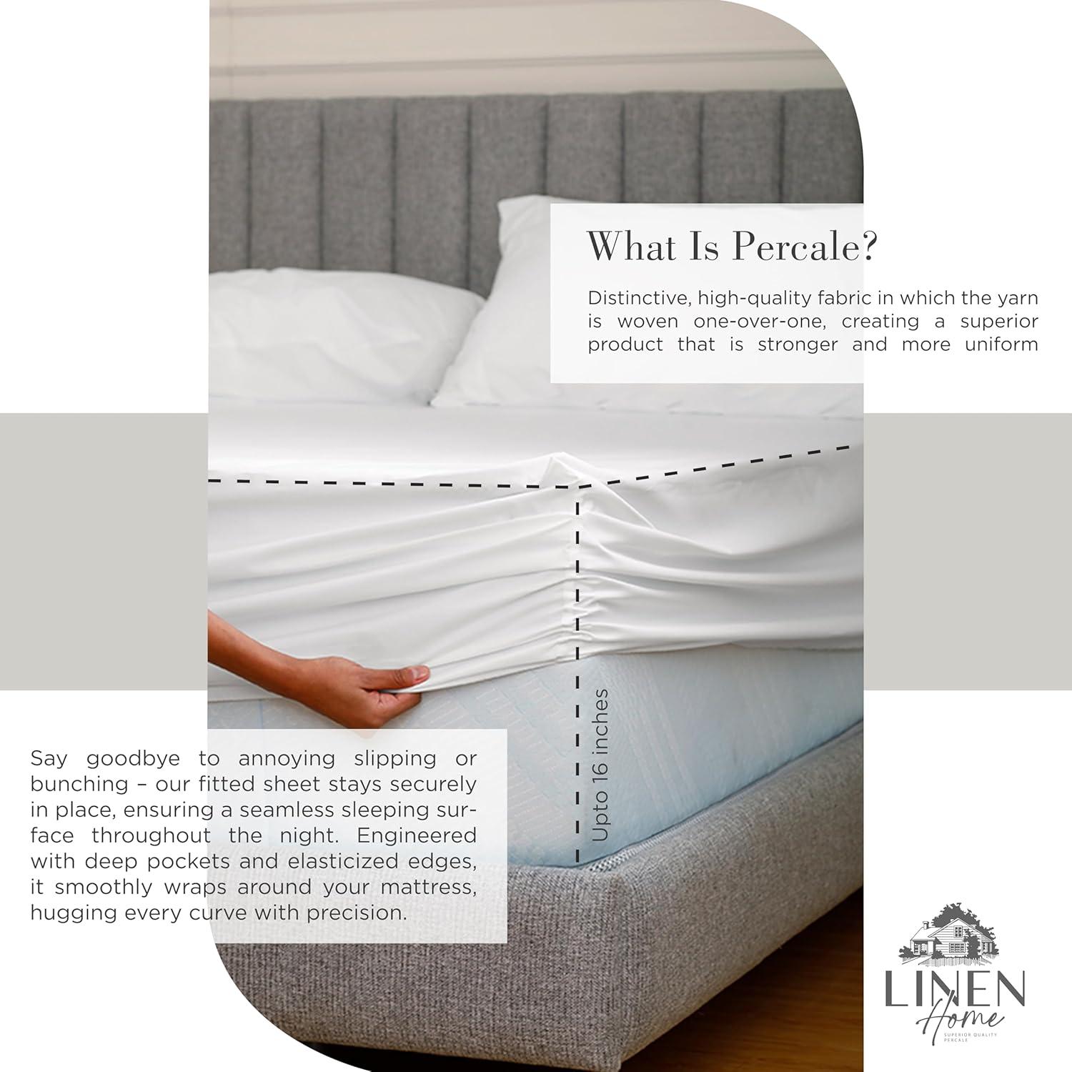 100% Cotton Percale Sheets Queen Size, White, Deep Pocket, 4 Piece - 1 Flat, 1 Deep Pocket Fitted Sheet and 2 Pillowcases, Crisp Cool and Strong Bed Linen