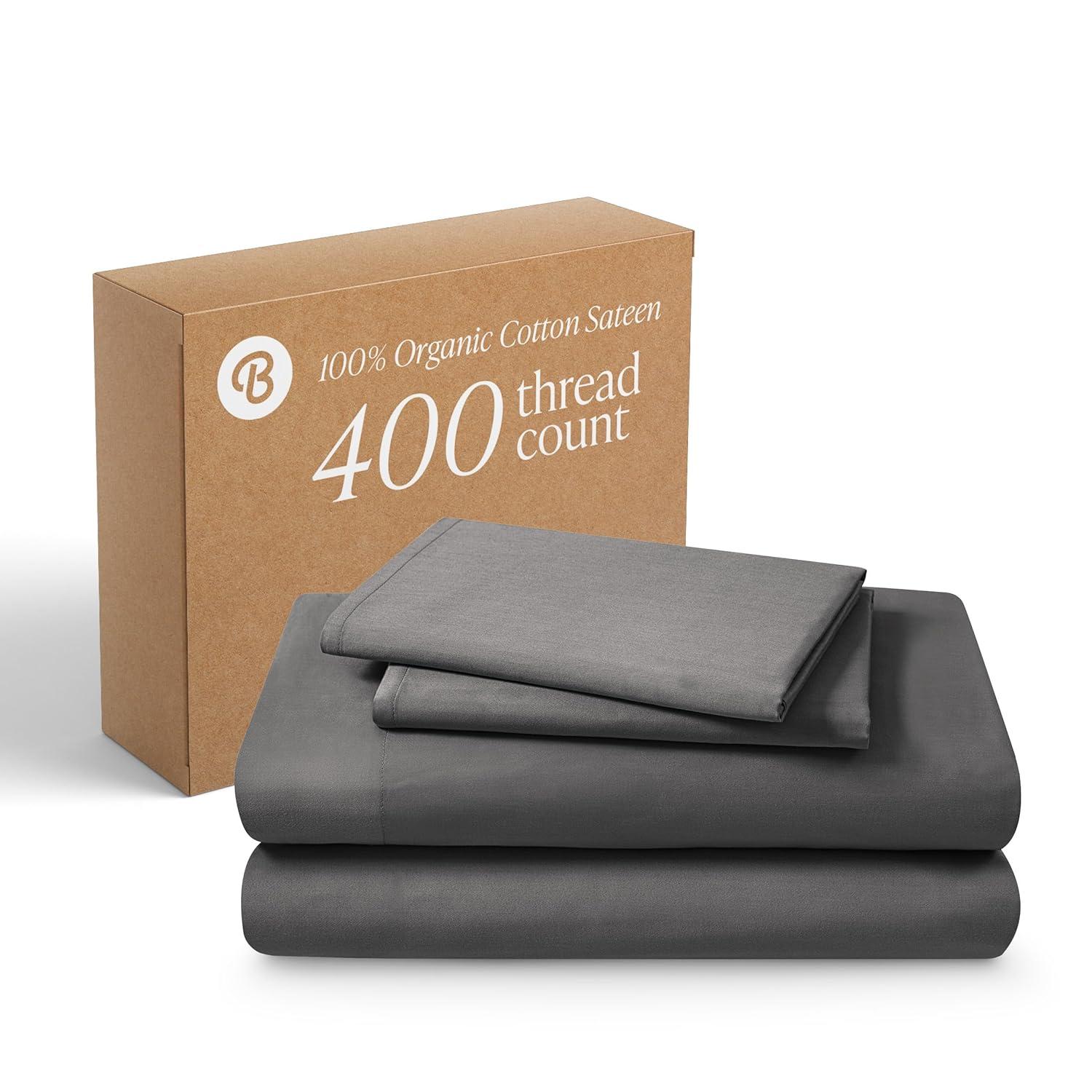 400 Thread Count Organic Cotton Sateen Grey 4 Piece Full Bed Sheet Set by Bare Home