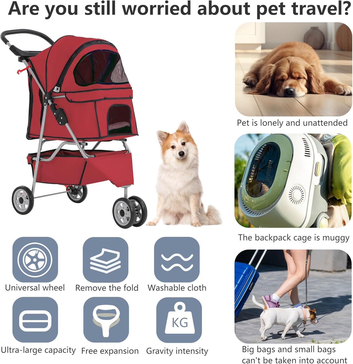 Pet Stroller Foldable Dog Stroller 3-Wheel Durable Cat Jogger Stroller For Small And Medium Dogs Cats With Washable Liner Storage Basket Cup Holder