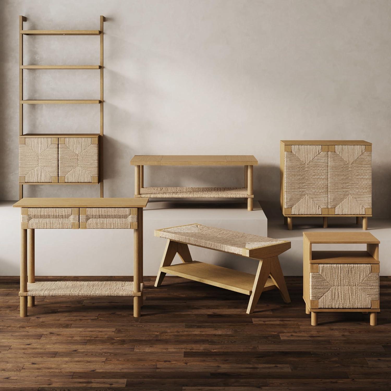 Brown Wood 3-Shelf Bookcase with Seagrass Doors