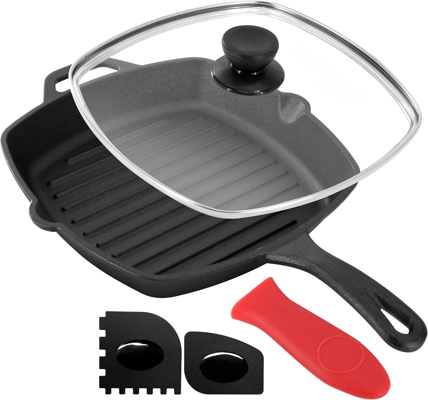 MegaChef 10.4 Inch Pre-Seasoned Cast Iron Griddle with Tempered Glass Lid