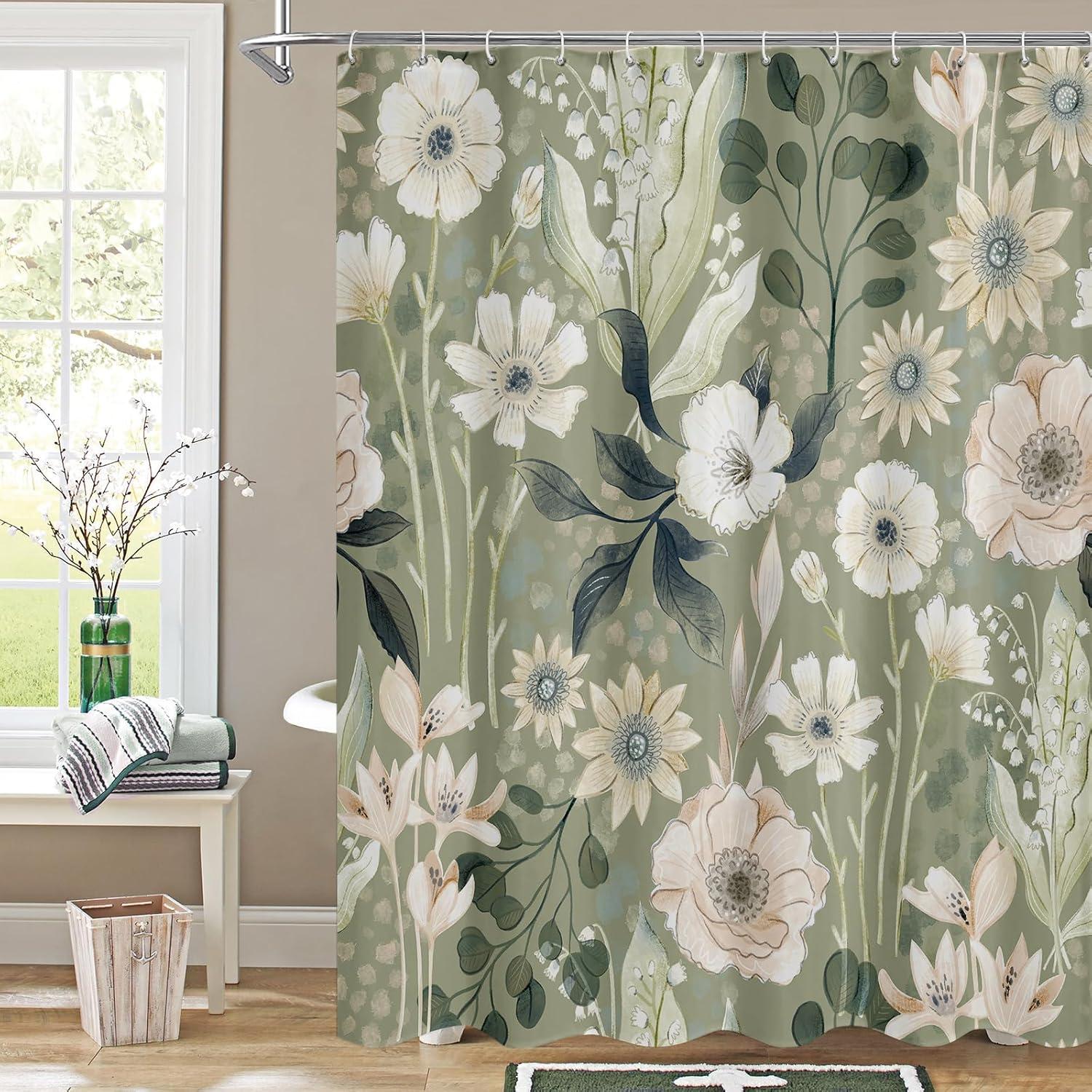 Green Floral Botanical Fabric Shower Curtain, 72x72