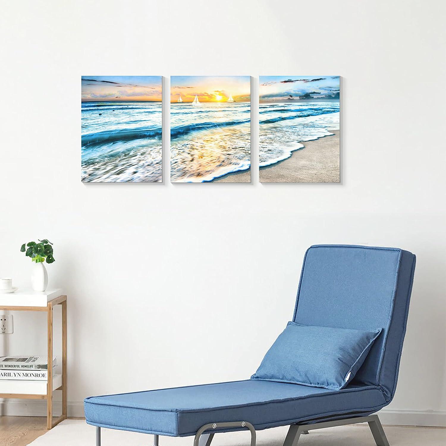 Asdg12s-3 Panel Wall Art Blue Sea Sunset White Beach Painting The Picture Print On Canvas Seascape The Pictures for Home Decor Decoration,Ready to Hang