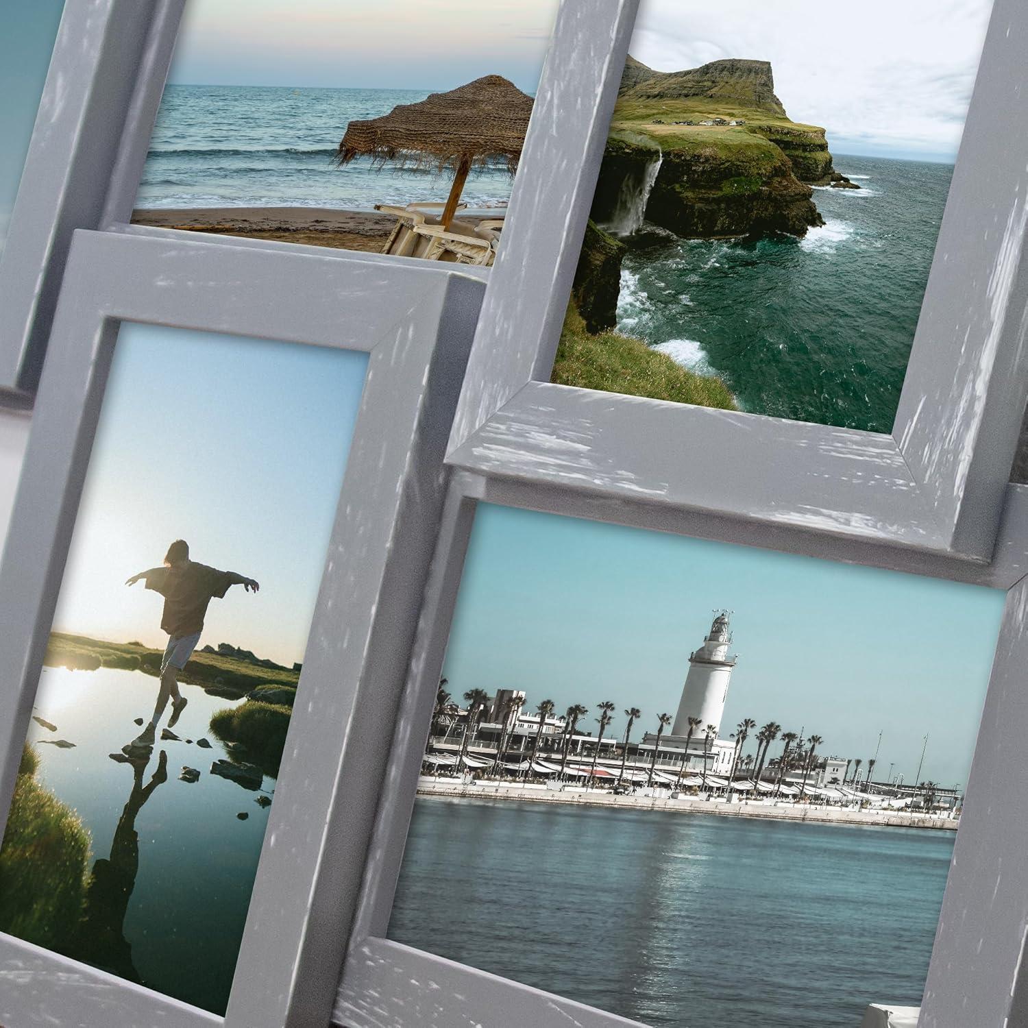 J.M.Deco Picture Frame Sets for Wall, 9 Opening Collage Frame, 6 x 4 With Family Friend's Memory, Rustic Distressed Photo Frame Wall Hanging for 4x6, Gold