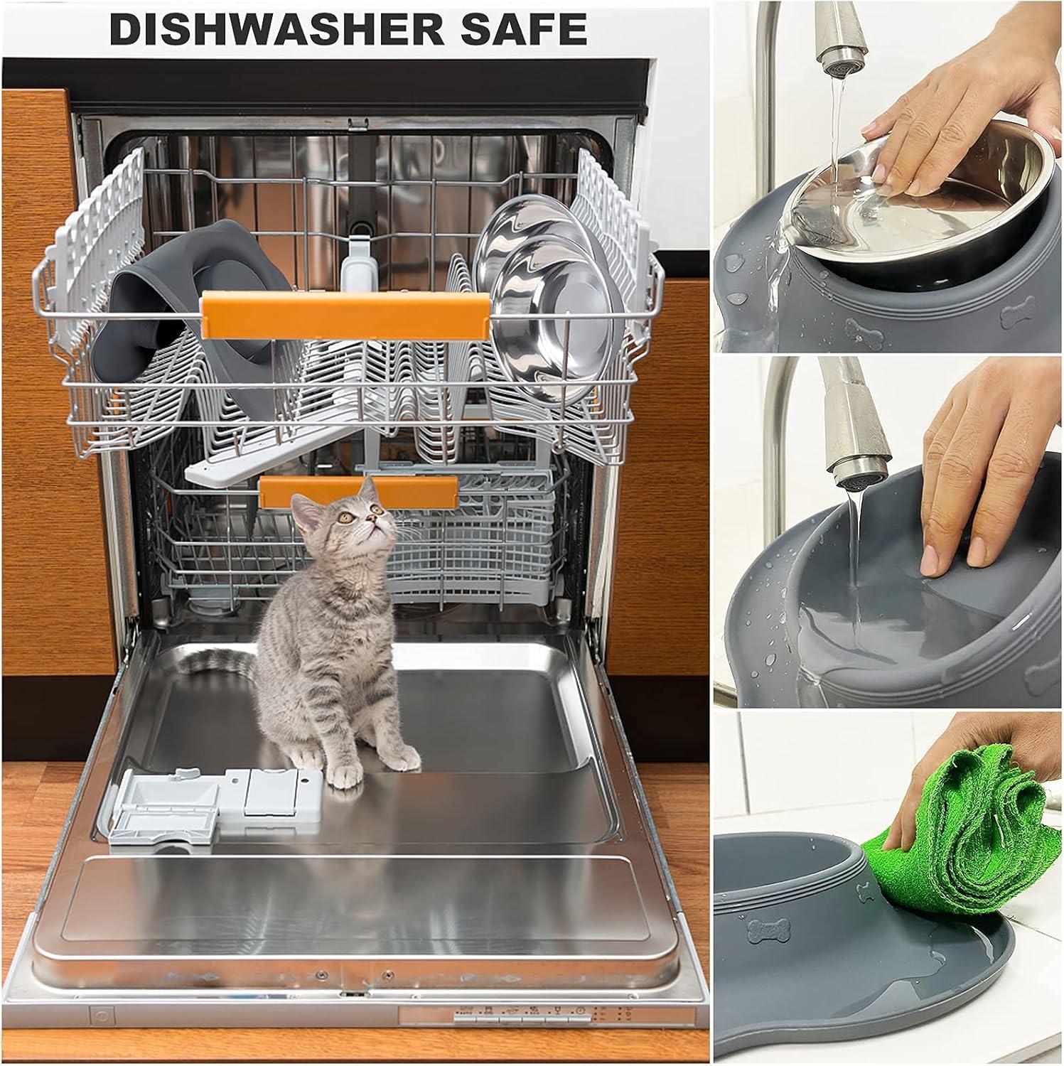 AsFrost Dog Food Bowls Stainless Steel Dog Food & Water Bowl Set with No Spill No Slip Silicone Mat, Dog Dishes for Small Medium Size Dogs Pet Cat Puppy Food Feeding Bowls, Grey, 24oz, 3 Cup