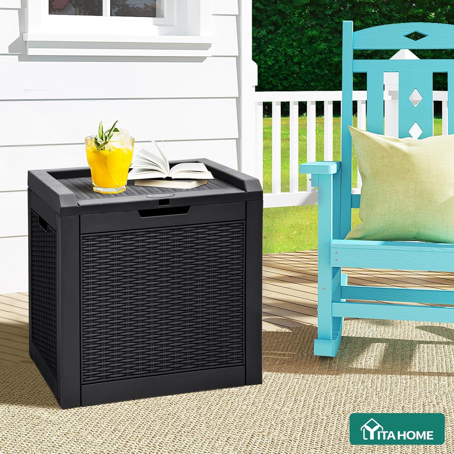 YITAHOME 32 Gallon Rattan Deck Box, Indoor Outdoor Storage Box for Patio Furniture, Pool Accessories, Cushions, Garden Tools, Sports Equipment, Waterproof Resin with Lockable Lid & Side Handles, Black