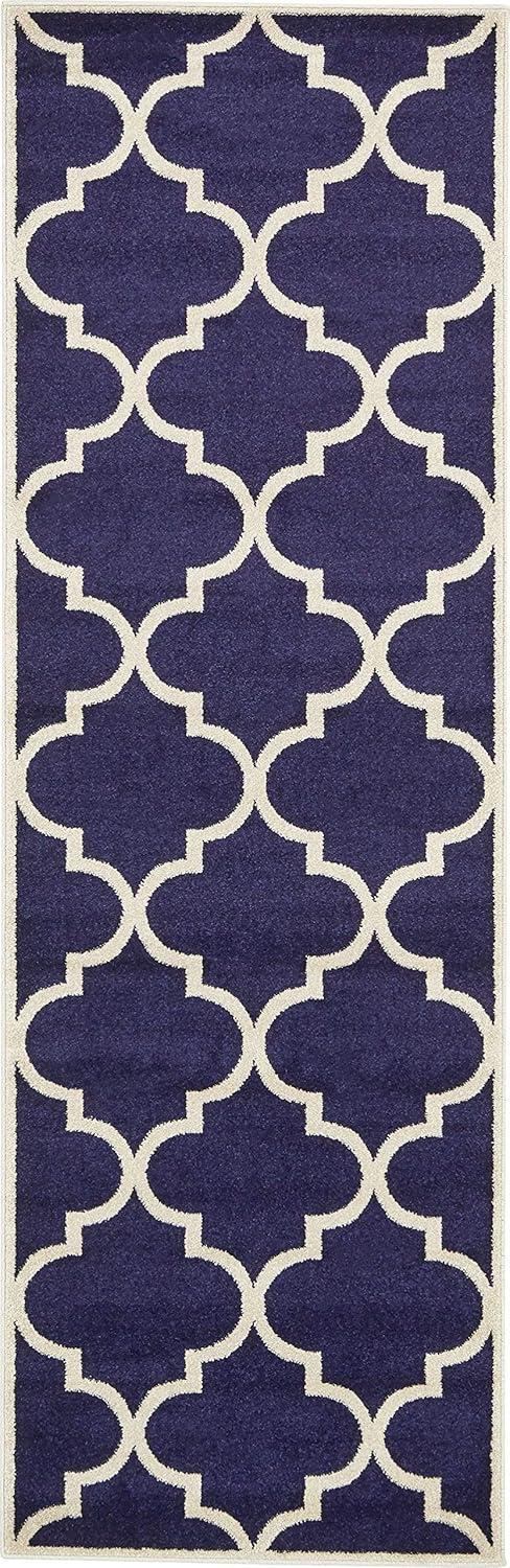 Navy Blue and Beige Trellis Synthetic Runner Rug