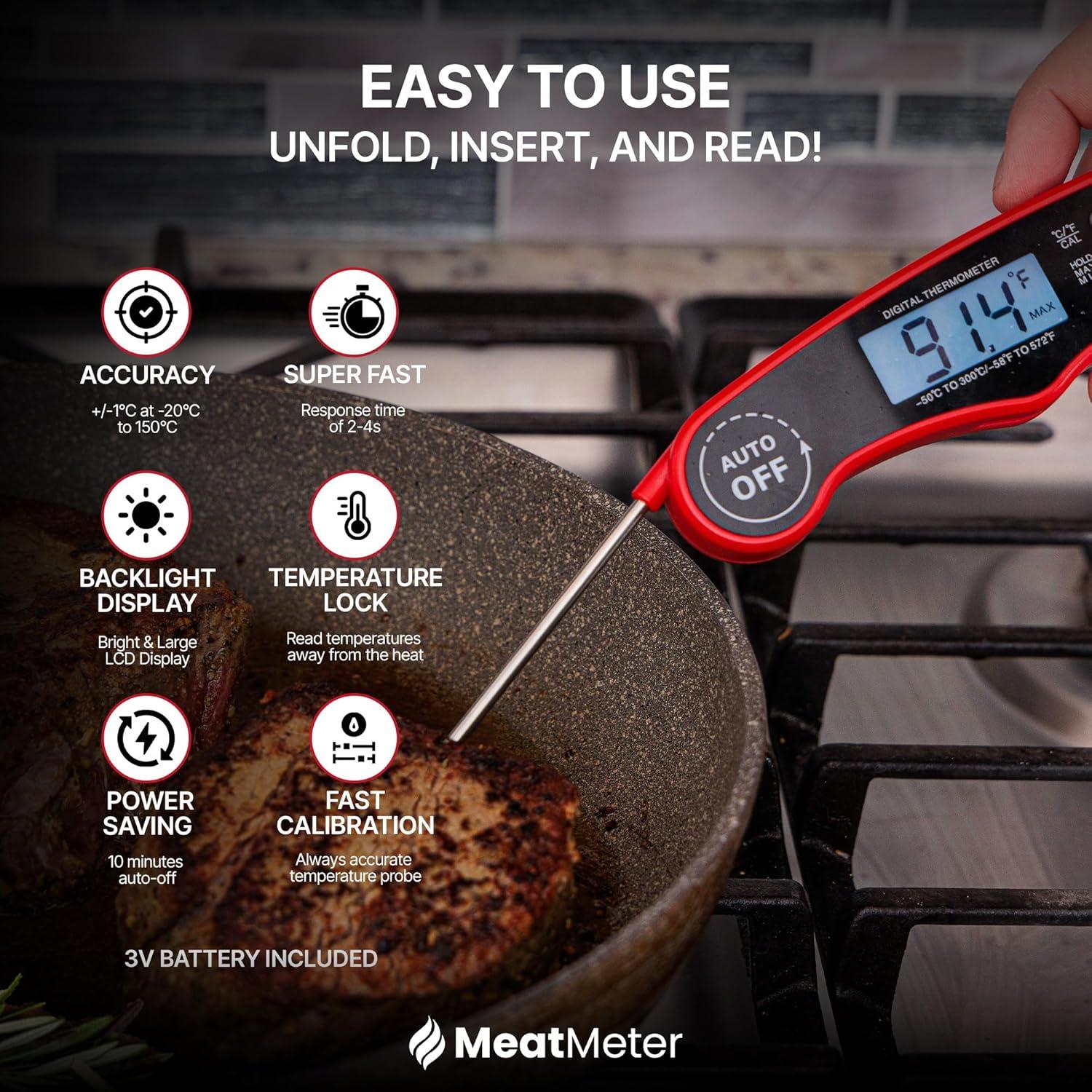 Digital Meat Thermometer for Grill/Cooking Fast Instant Read Waterproof Magnetic Probe Thermometer w/Backlight and Display for Kitchen, BBQ, Frying, etc. Chicken, Steak,or Burgers, Red