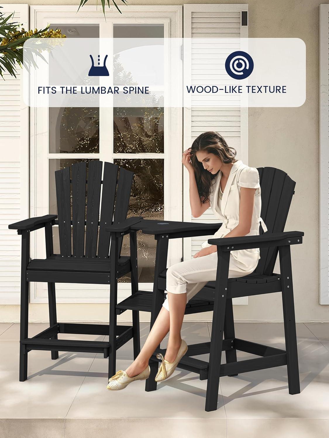 JUSTLET Tall Plastic Adirondack Chair Set of 2 W/ Outdoor Barstools and Connecting Tray, Brown