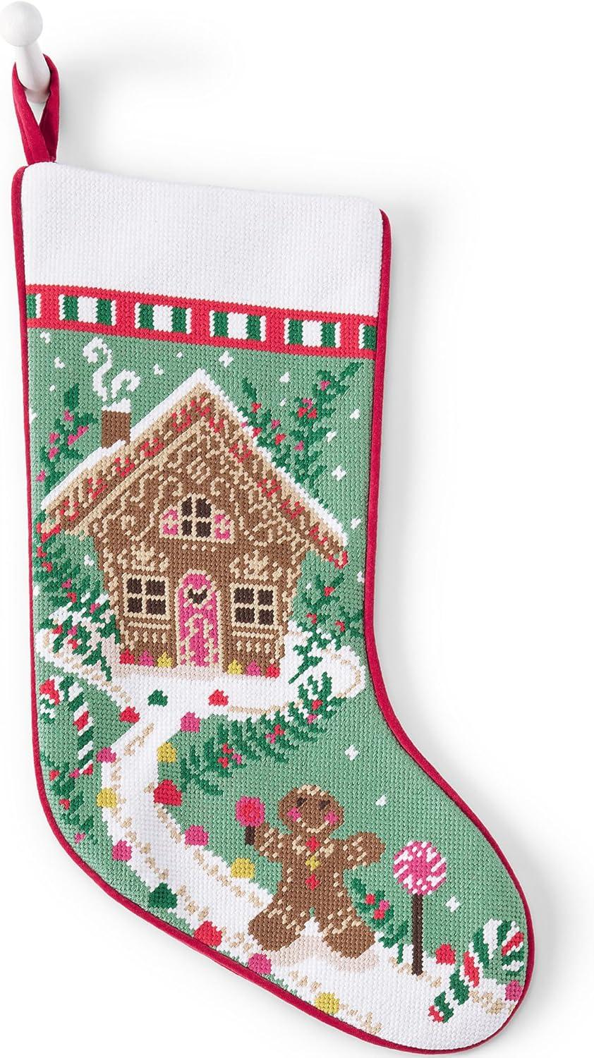 Gingerbread House Needlepoint Christmas Stocking with Velvet Back