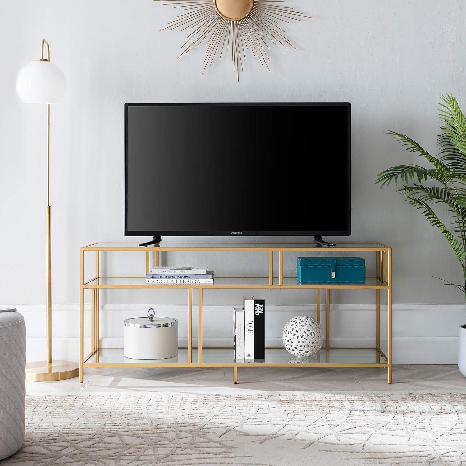 Evelyn&Zoe Cortland 48" Wide Rectangular Console Table with Glass Shelves, Brass