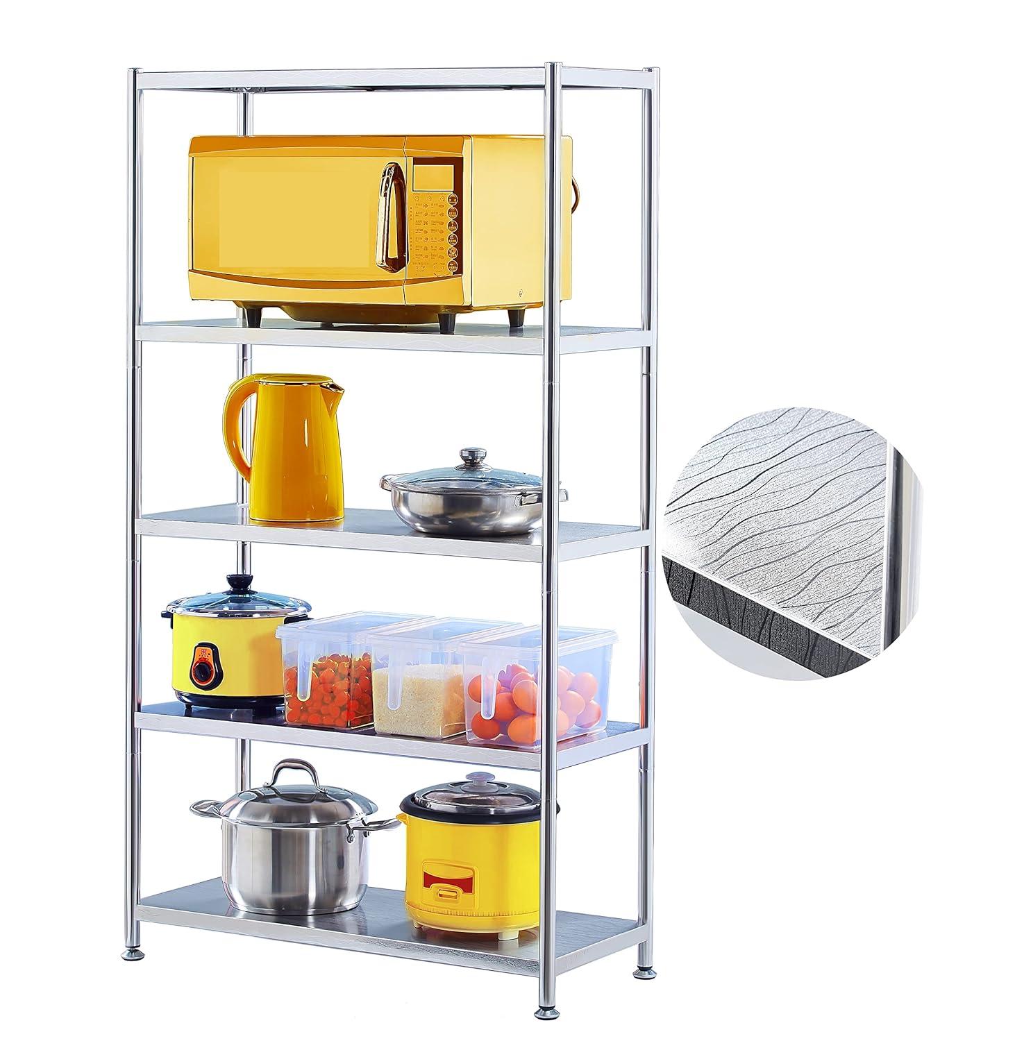 susunnus Stainless Steel Shelves 23.6in-5 Tier, Stainless Steel Shelf Organizer, Kitchen Storage Shelves,Artistic Texture, Pragmatic & Sturdy & Waterproof