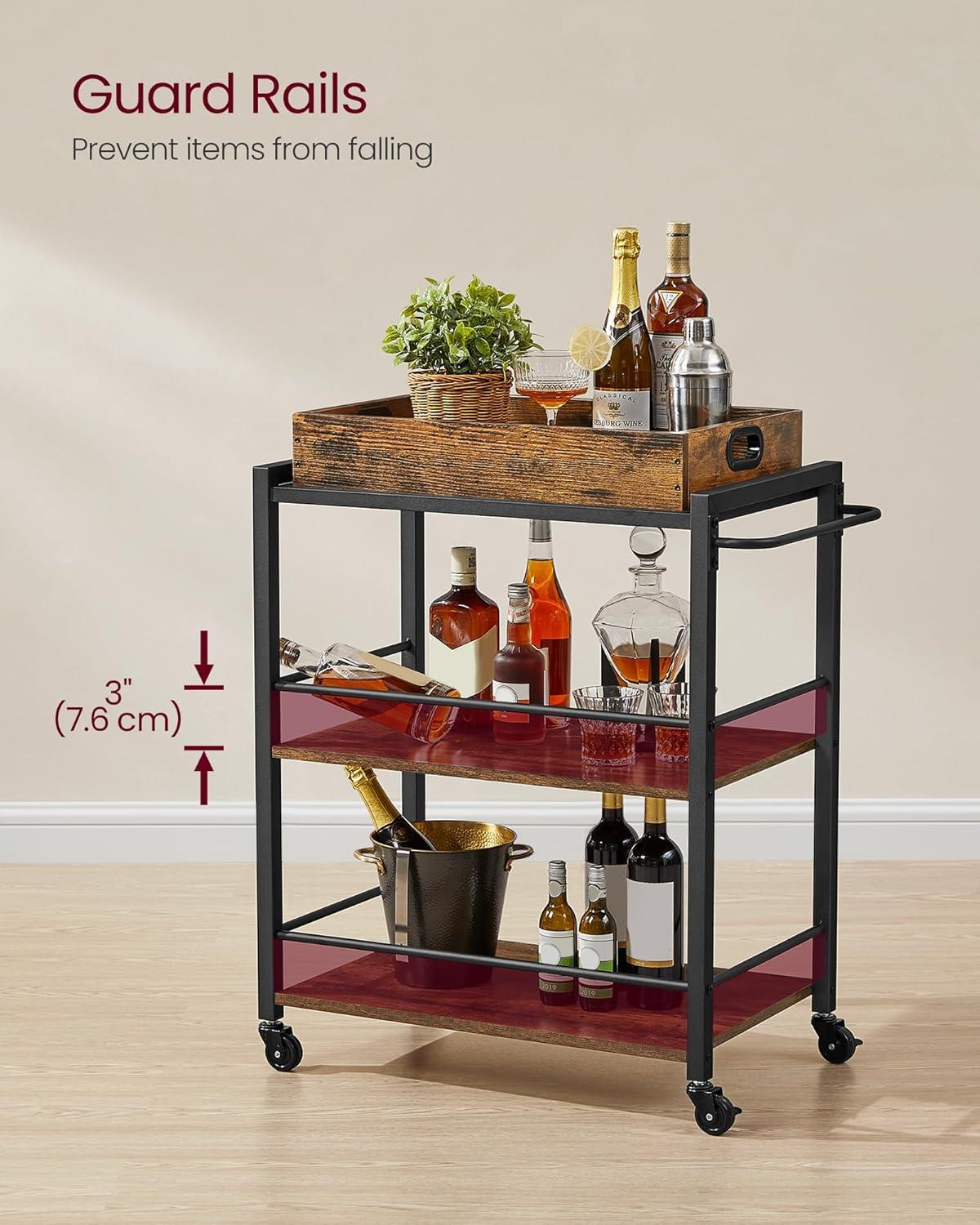 VASAGLE Industrial Bar Cart, Kitchen Serving Cart, 3-Tier Beverage Cart, Rustic Brown and Black