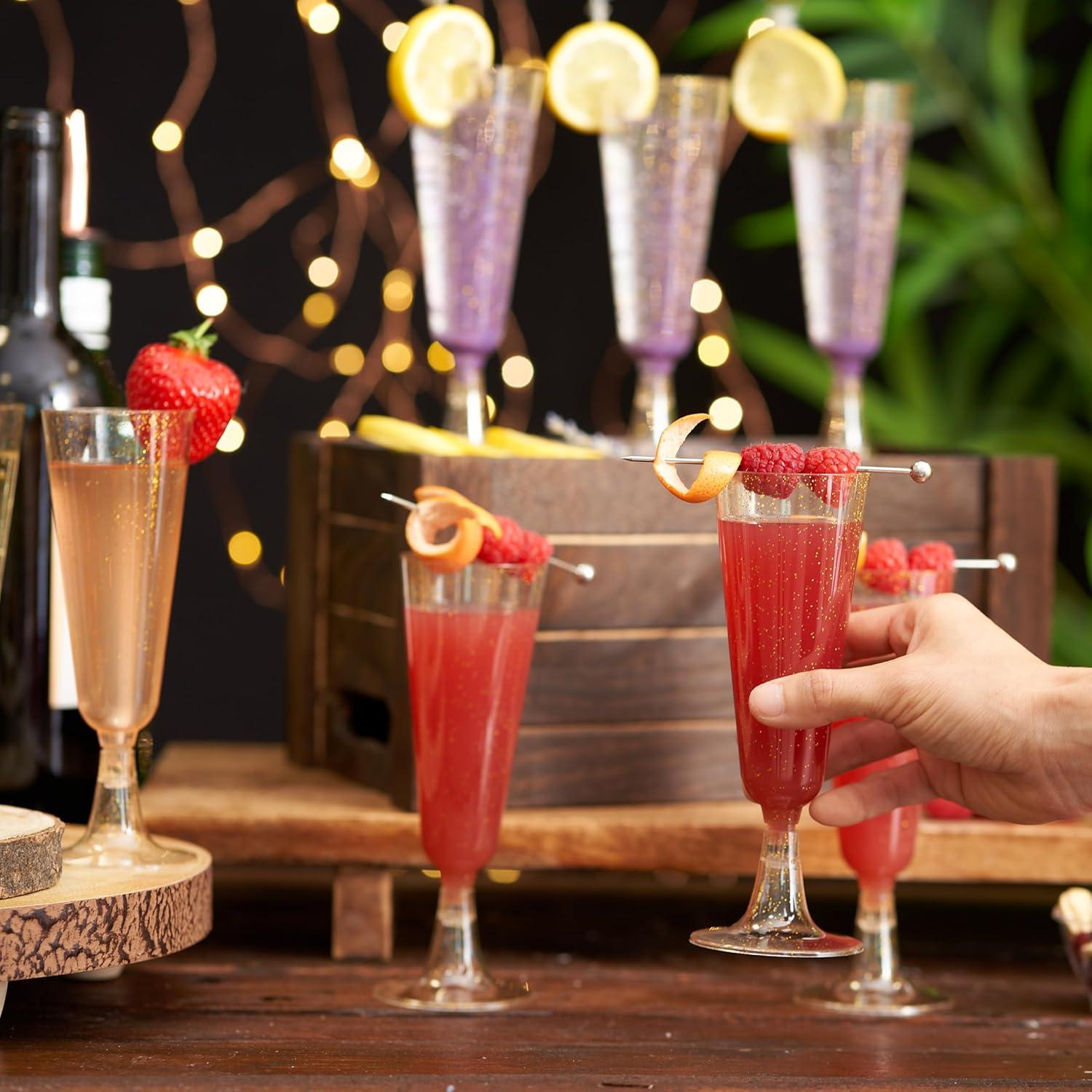 MATANA 50 Premium Plastic Champagne Flutes, Gold Glitter, 5oz - Reusable Champagne Glasses, Cocktail Glasses, Mimosa Glasses for Cocktails, Dessert, Wine - Toasting Glasses for Parties, Weddings