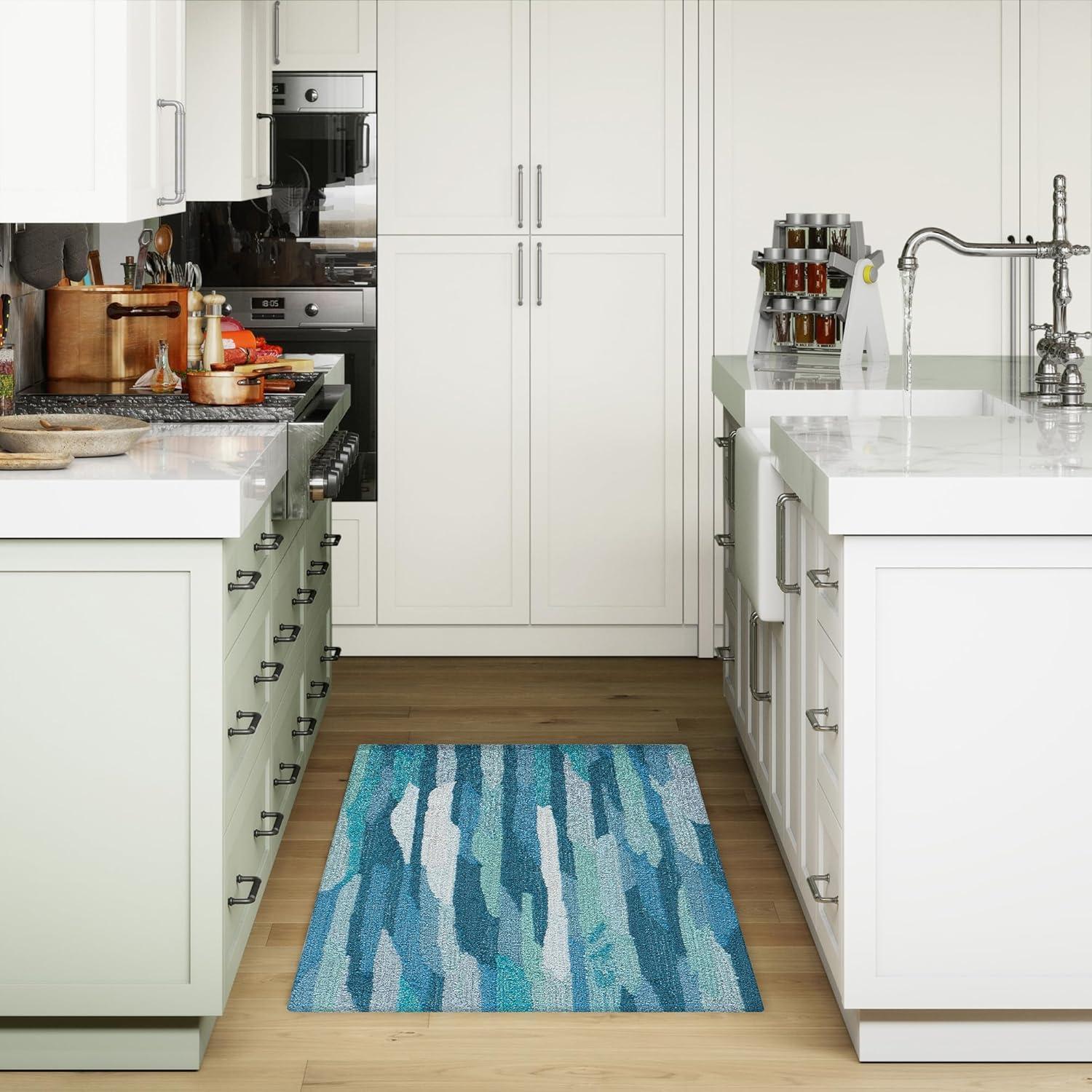 Handmade Blue Abstract Synthetic Rectangular Area Rug