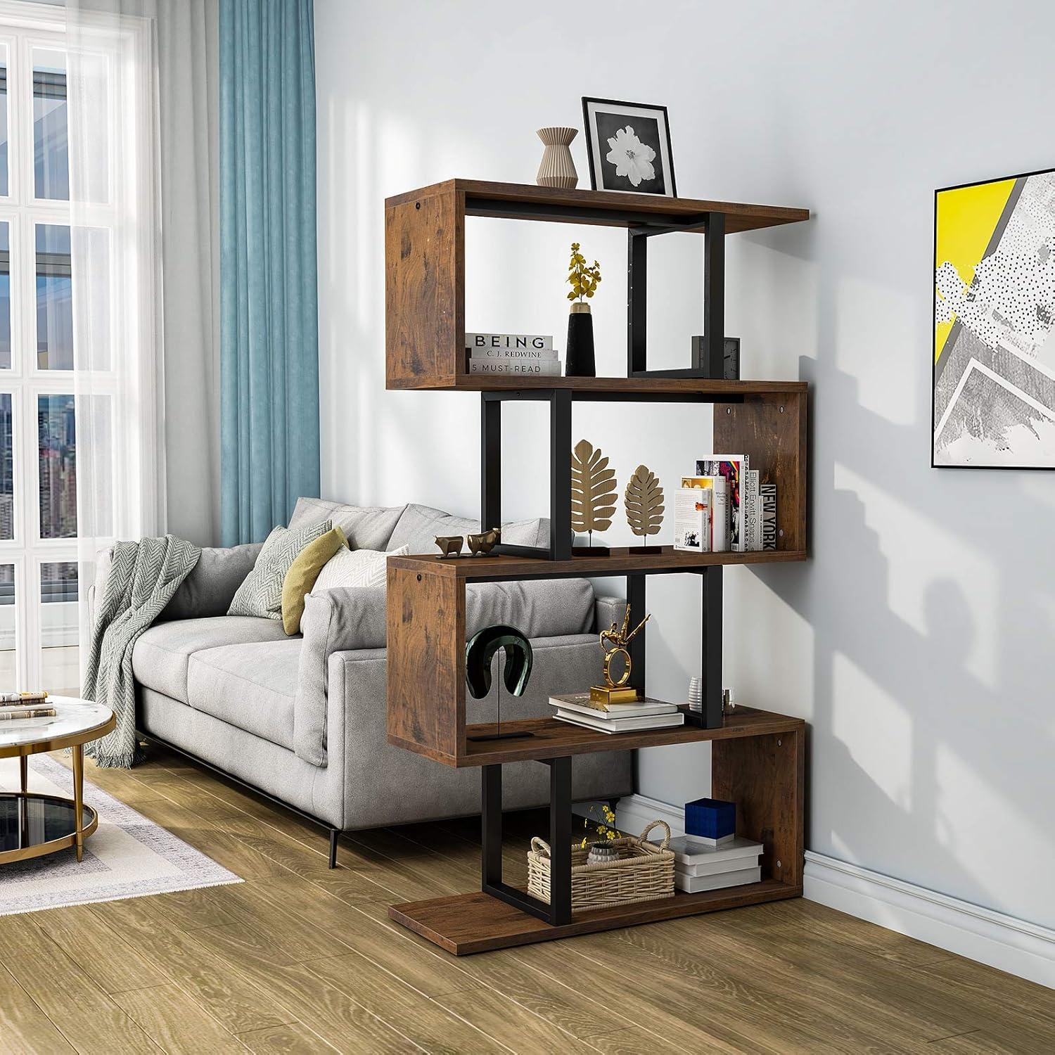 Retro Brown S-Shaped 5-Tier Particle Board and Metal Bookshelf