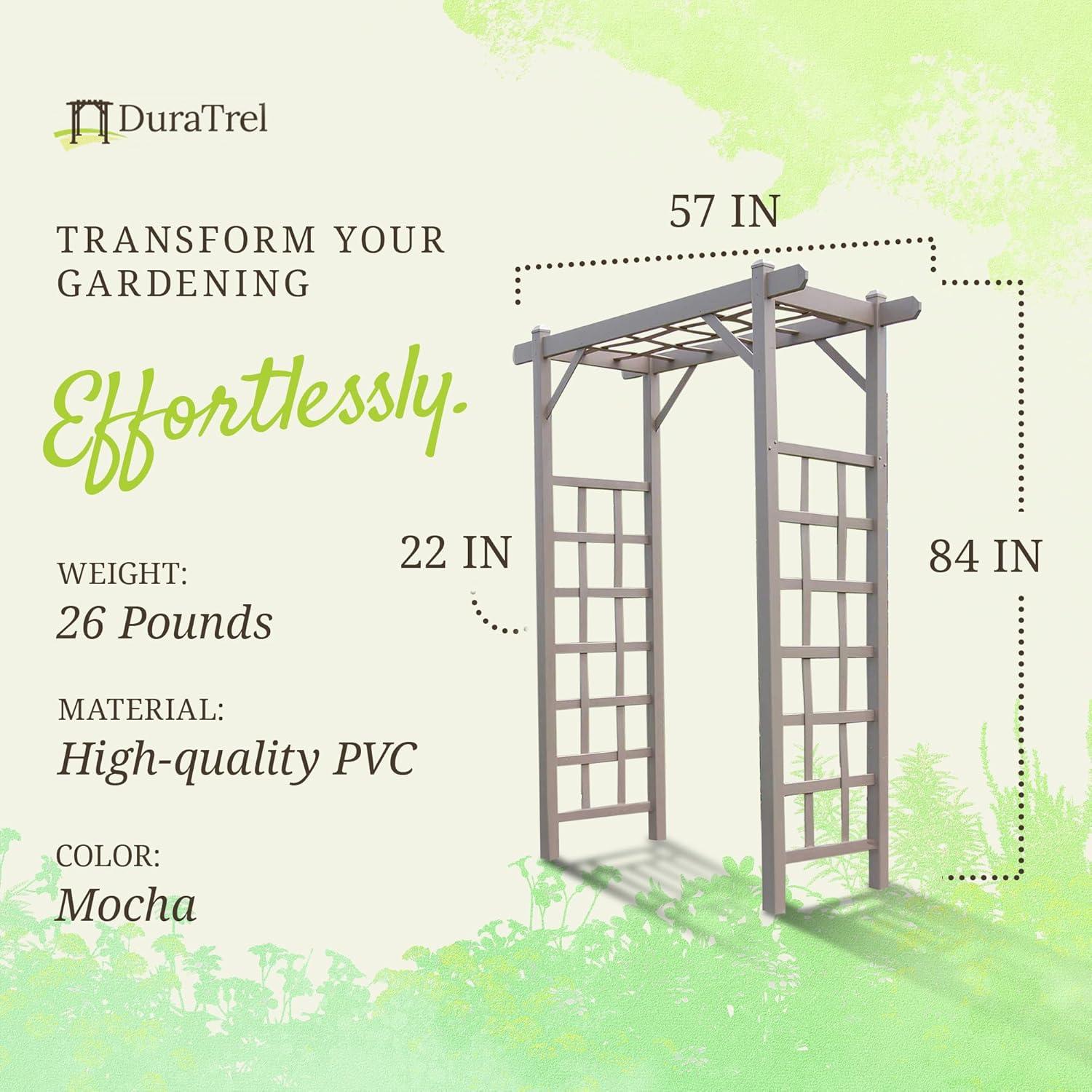 Dura-Trel Elmwood Arbor, 57 by 84 Inch PVC Patio Garden Arch, Outdoor Lattice Frame Decoration or Trellis for Climbing Plants, Mocha
