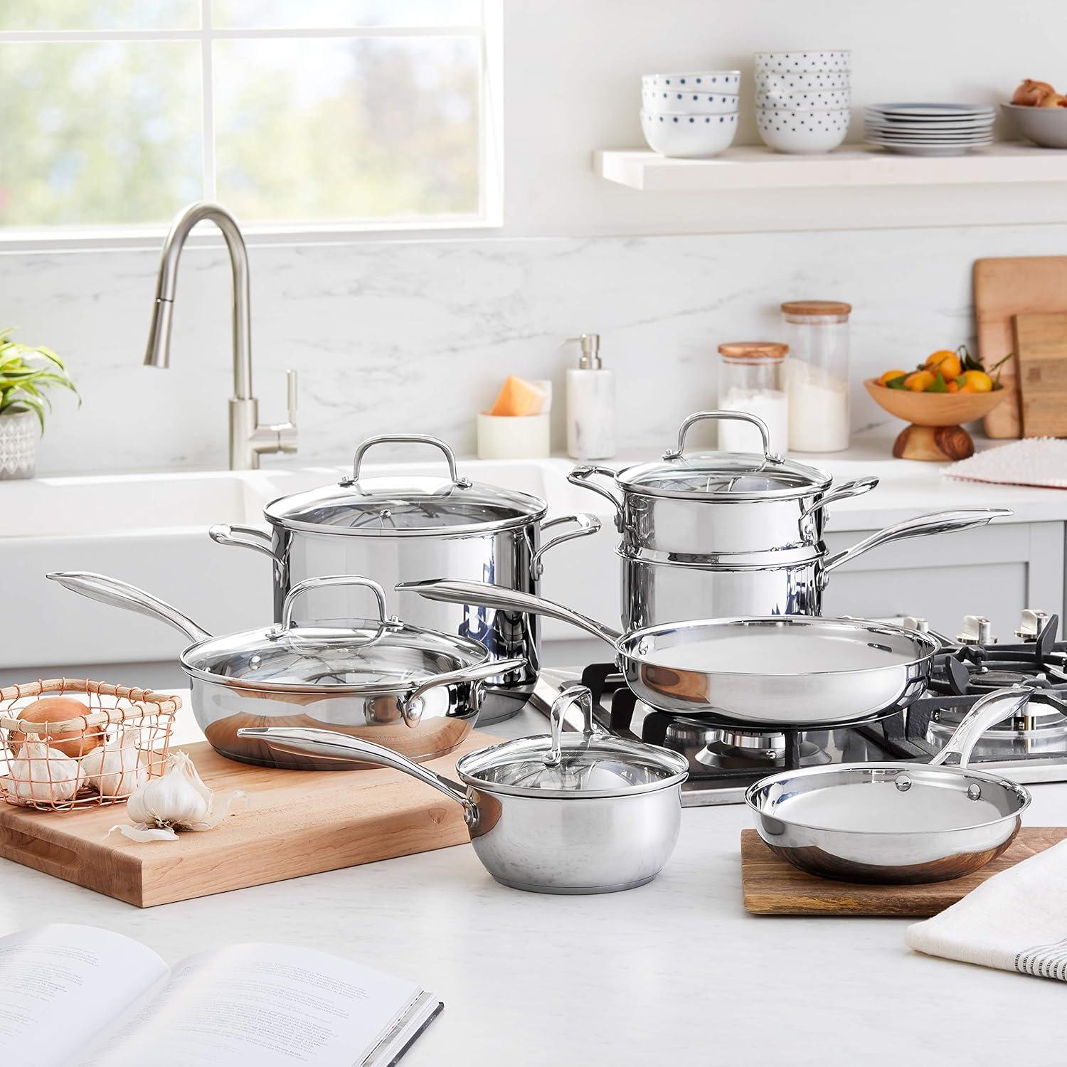 Stainless Steel and Aluminum 11-Piece Cookware Set with Glass Lids