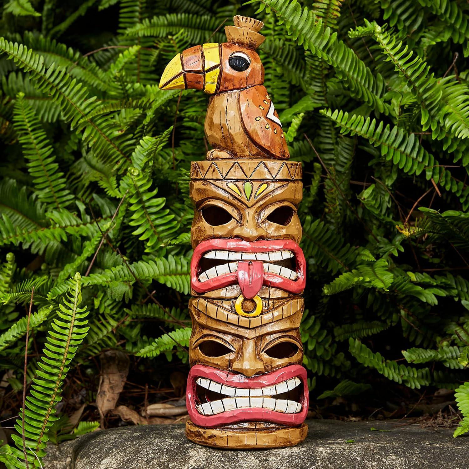 Handmade Painted Double Tiki Totem & Woodpecker Solar Light