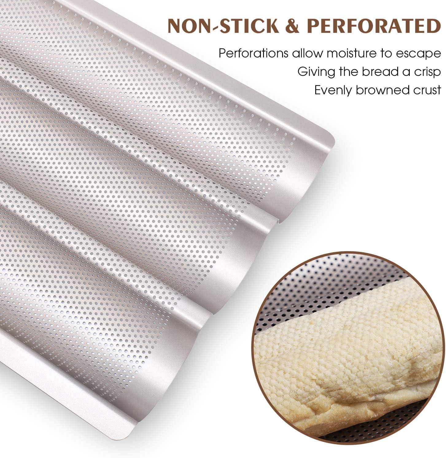 Baguette Pan, French Bread Pans For Baking Pan, Nonstick 3 Slots Perforated Italian Loaf Pan Mold Long French Bread Pan,Golden