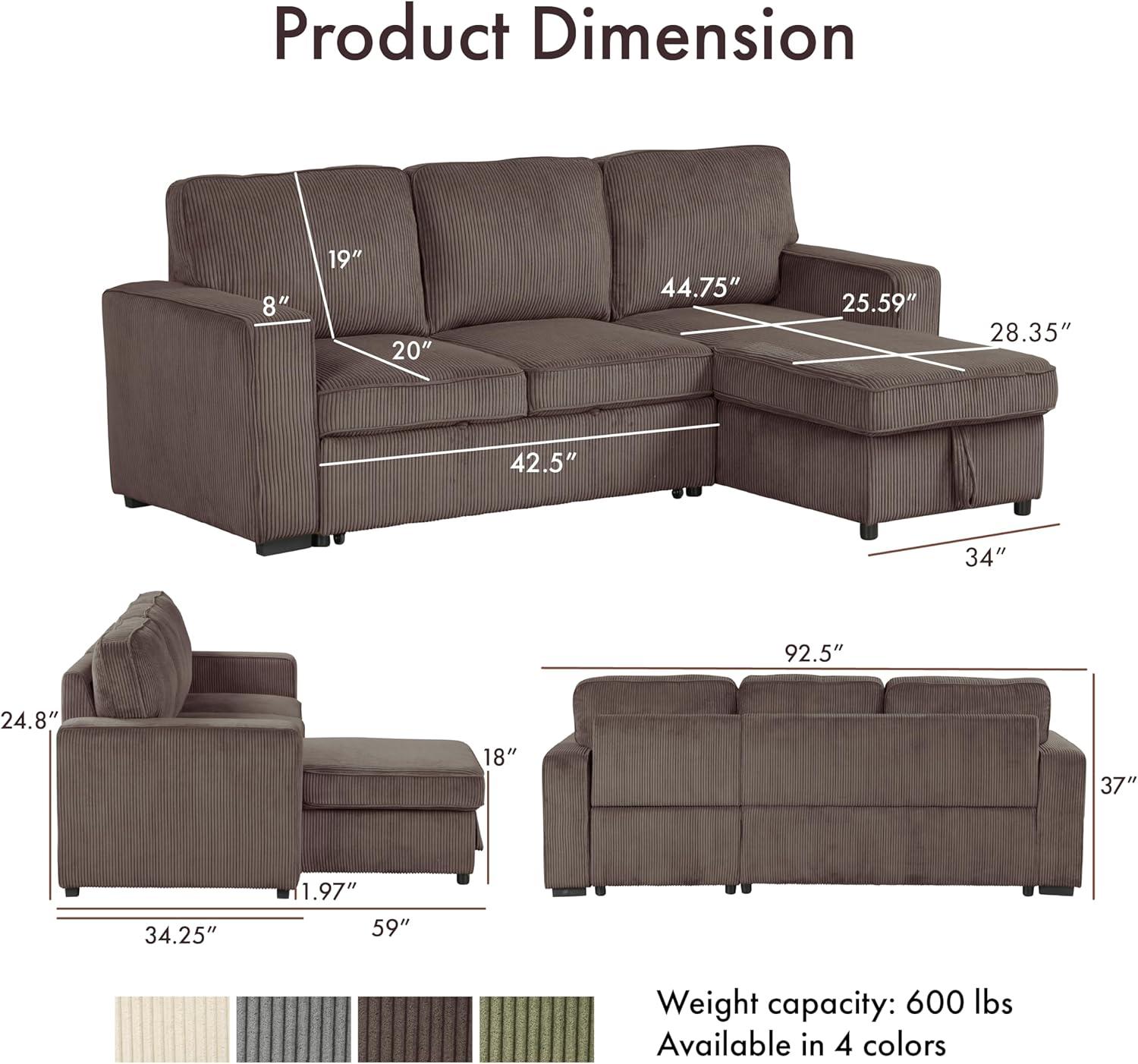 HOMES: Inside + Out Paeke Sleeper Sectional Sofa Corduroy with Storage Chaise and Reversible Brown