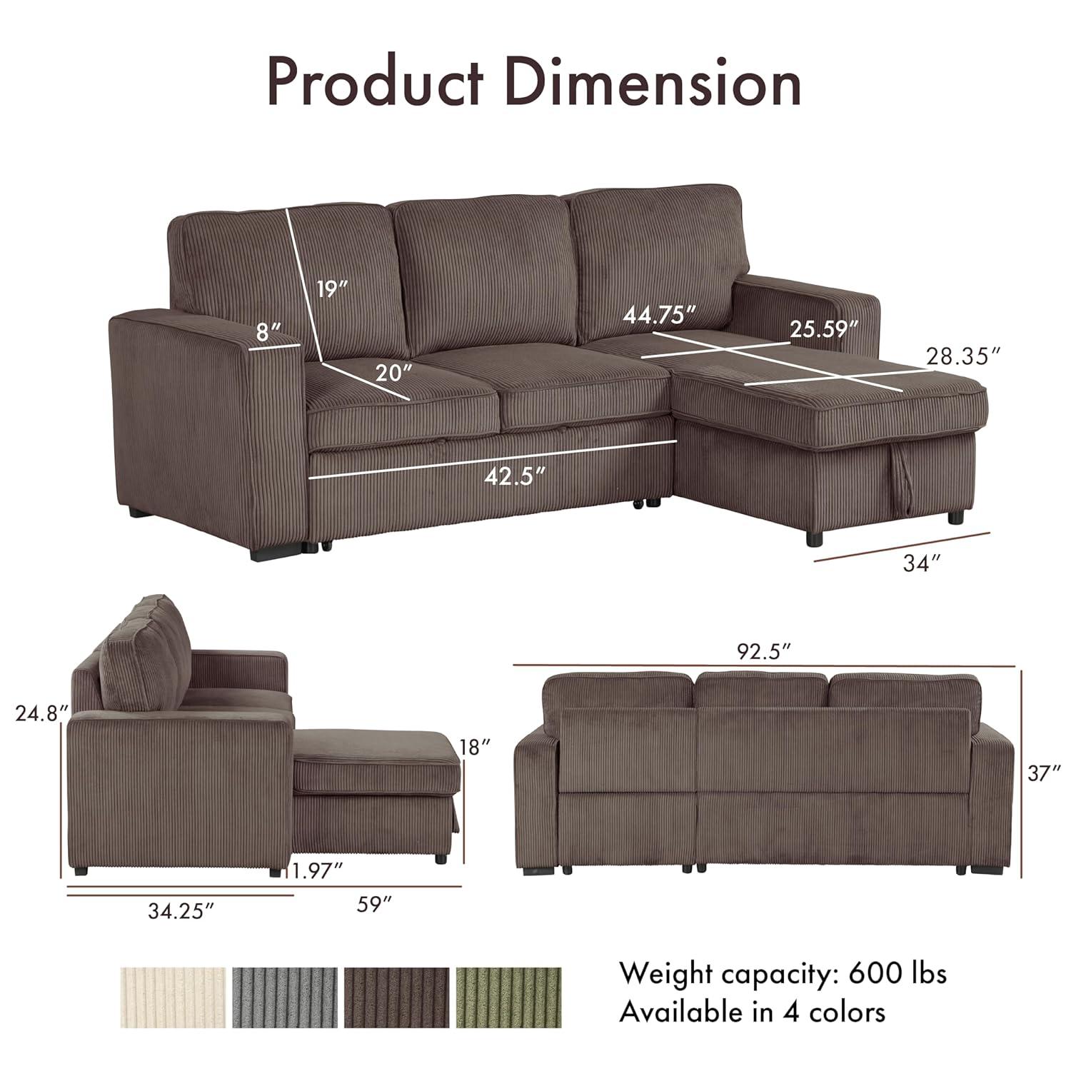 HOMES: Inside + Out Paeke Sleeper Sectional Sofa Corduroy with Storage Chaise and Reversible Brown