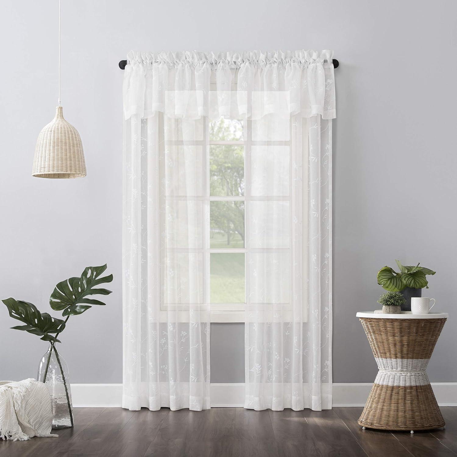 Ivory Sheer Embroidered Floral Rod Pocket Curtain Panel